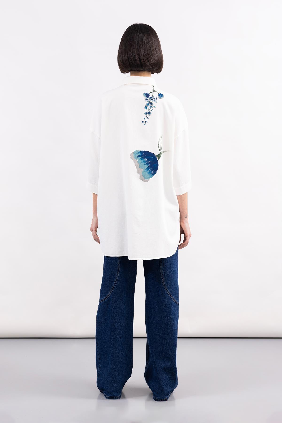 DARK BLUE STITCH DETAILED DENIM WIDE LEG TROUSERS