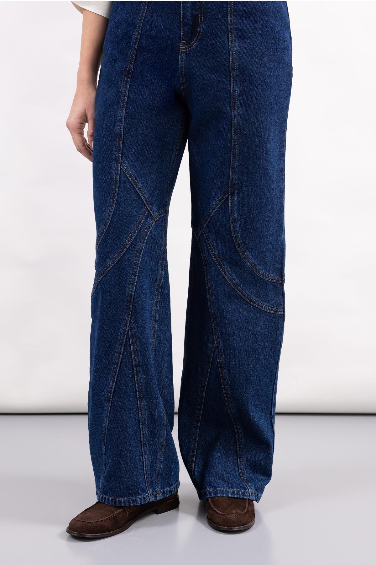 DARK BLUE STITCH DETAILED DENIM WIDE LEG TROUSERS