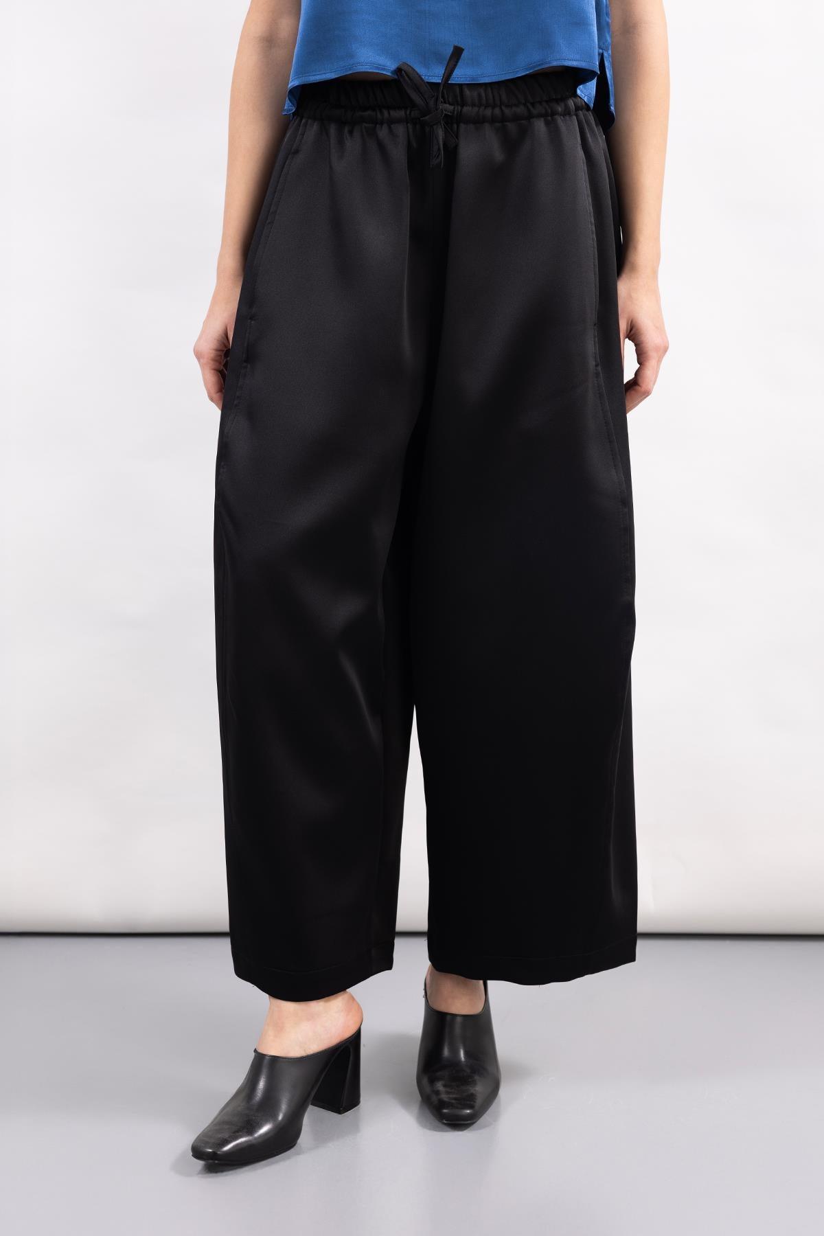 BLACK WAIST LACE DETAIL SATIN WIDE LEG TROUSERS