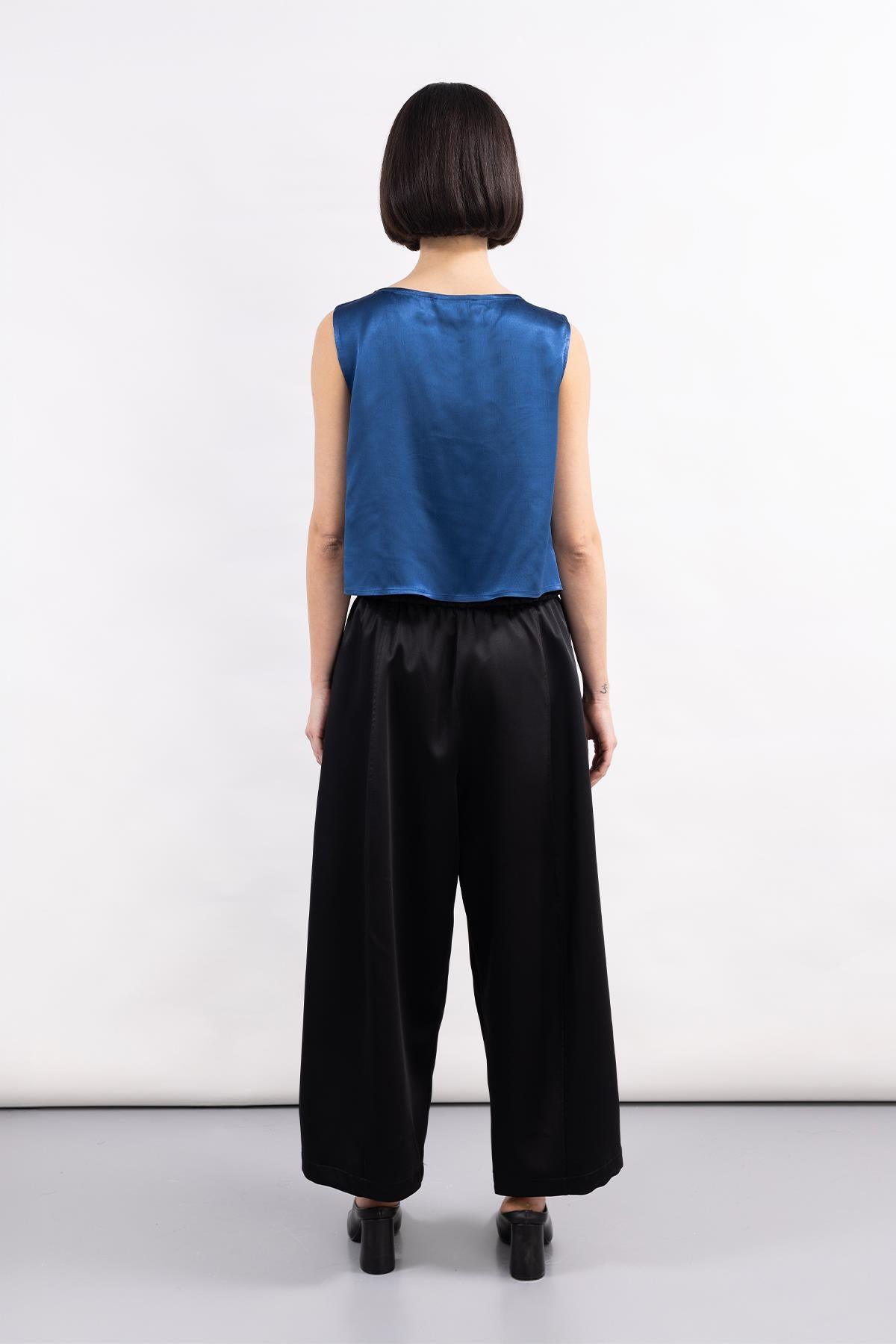 BLACK WAIST LACE DETAIL SATIN WIDE LEG TROUSERS