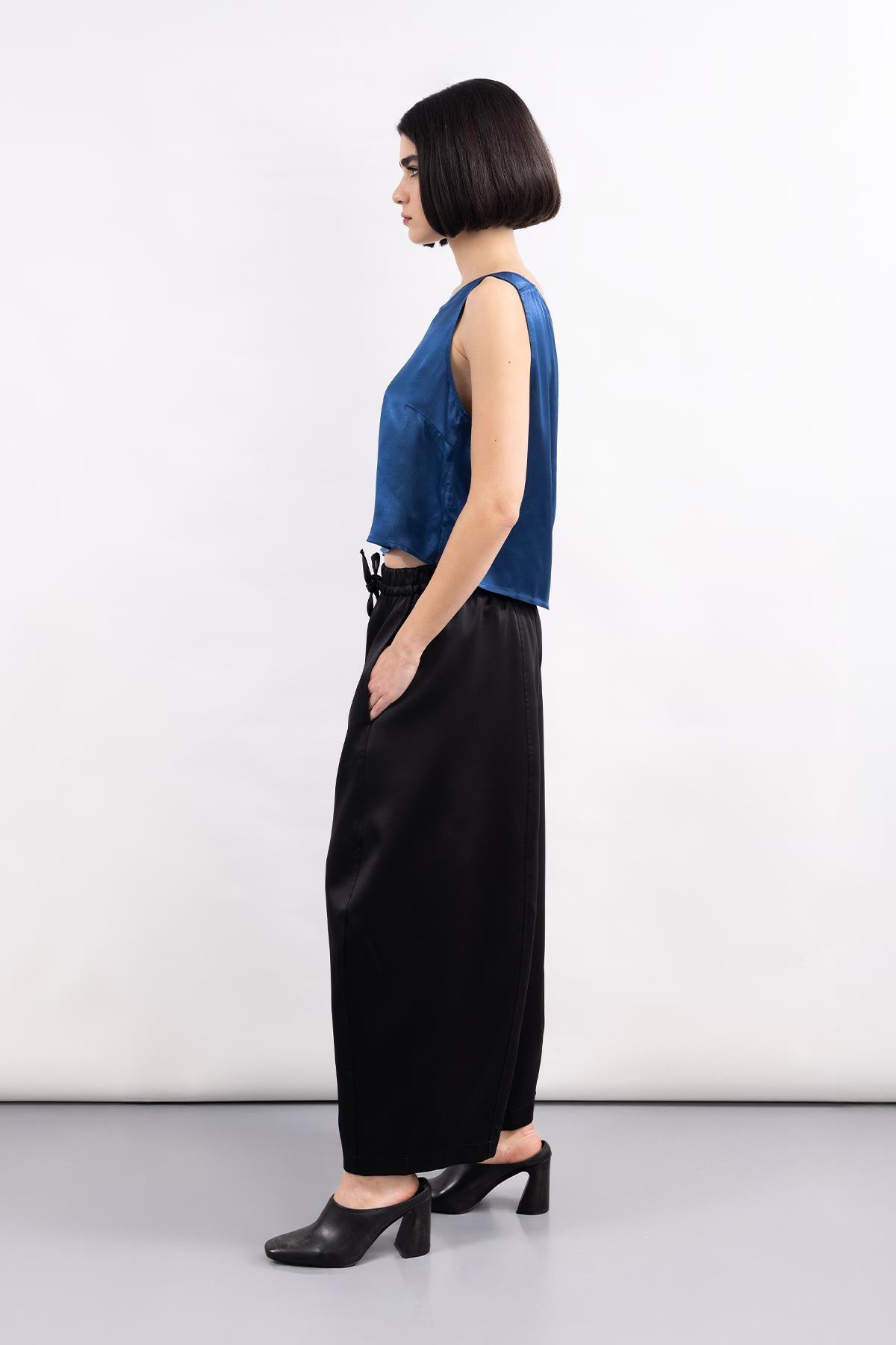 BLACK WAIST LACE DETAIL SATIN WIDE LEG TROUSERS