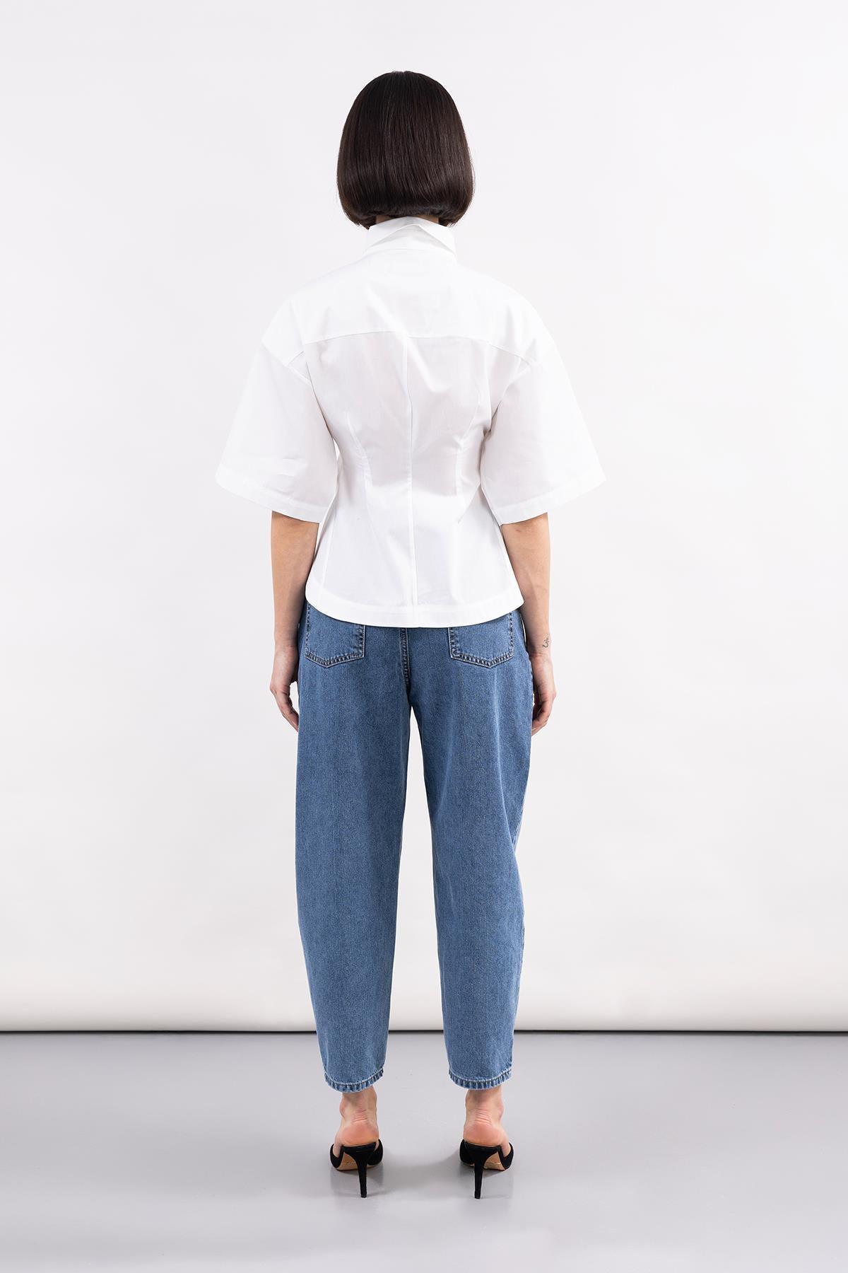 MAVİ CEPLİ PAÇASI KUŞ GÖZÜ DETAYLI DENIM PANTOLON - MiiN