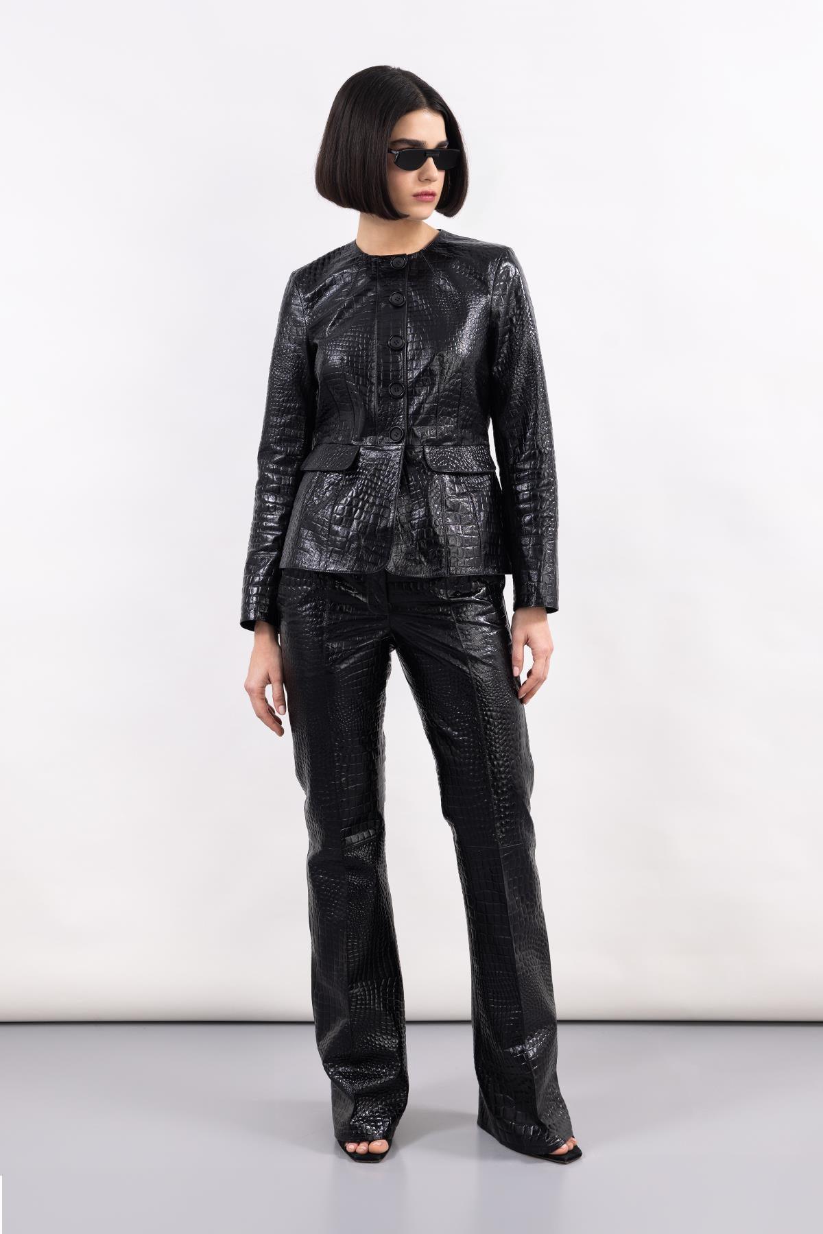 SİYAH ÖNÜ DİKİŞ DETAYLI DERİ PANTOLON - MiiN