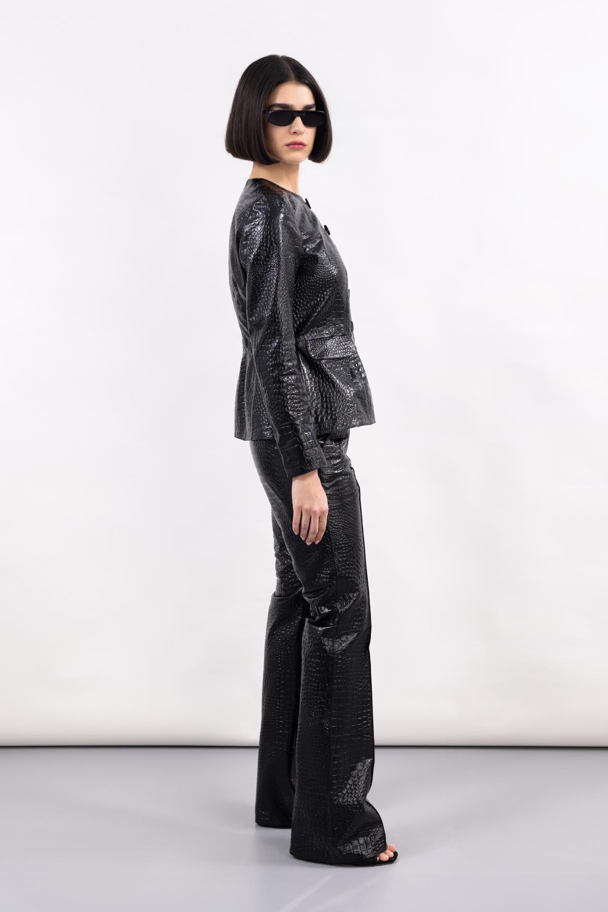 SİYAH ÖNÜ DİKİŞ DETAYLI DERİ PANTOLON - MiiN