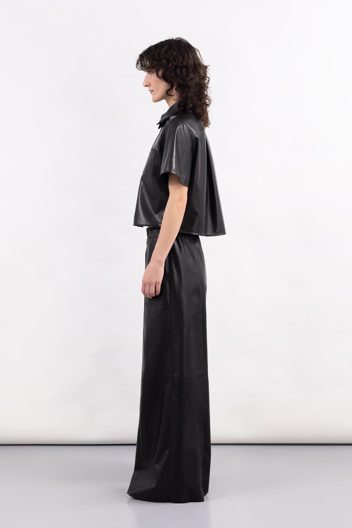 SİYAH DERİ BOL PAÇA PANTOLON - MiiN