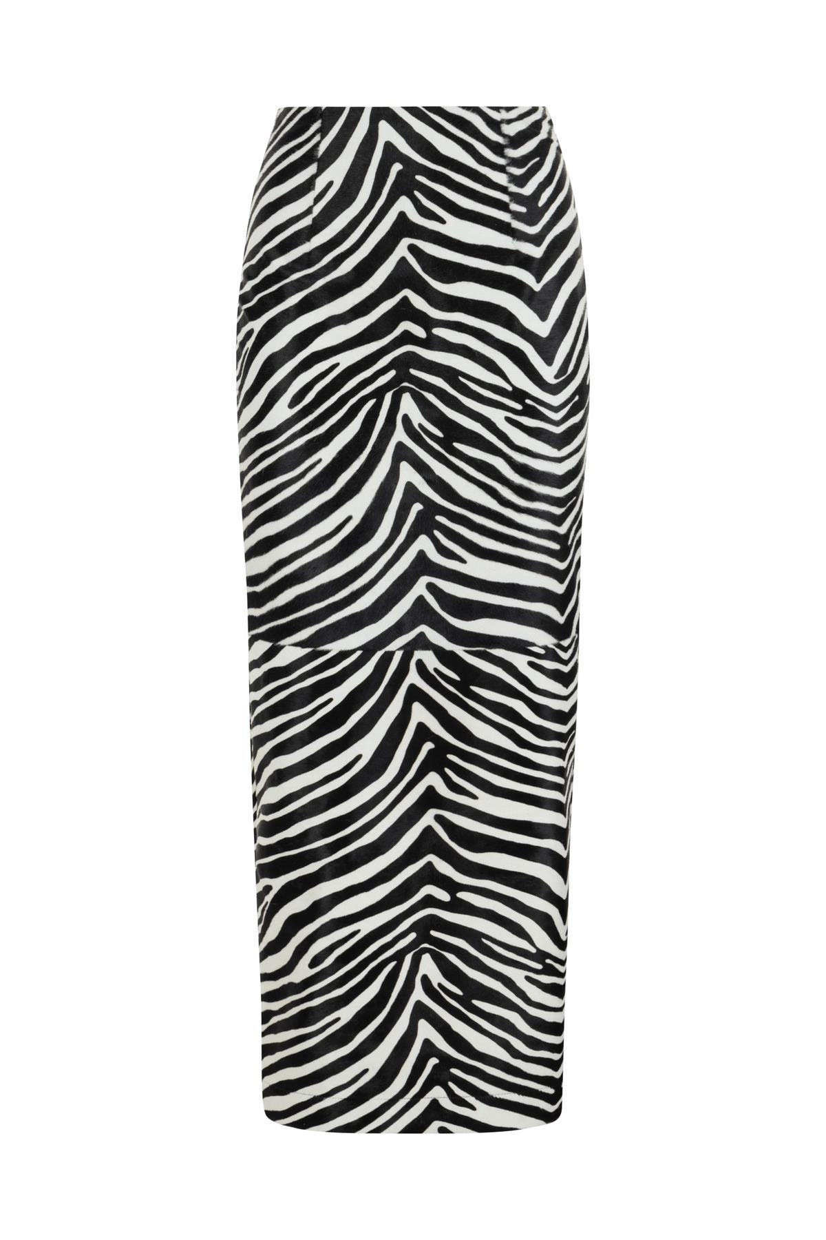 BLACK AND WHITE ZEBRA PATTERNED FUR LONG PENCIL SKIRT