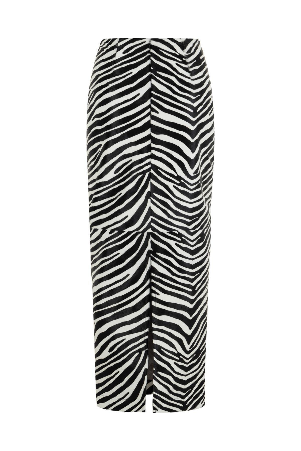 BLACK AND WHITE ZEBRA PATTERNED FUR LONG PENCIL SKIRT