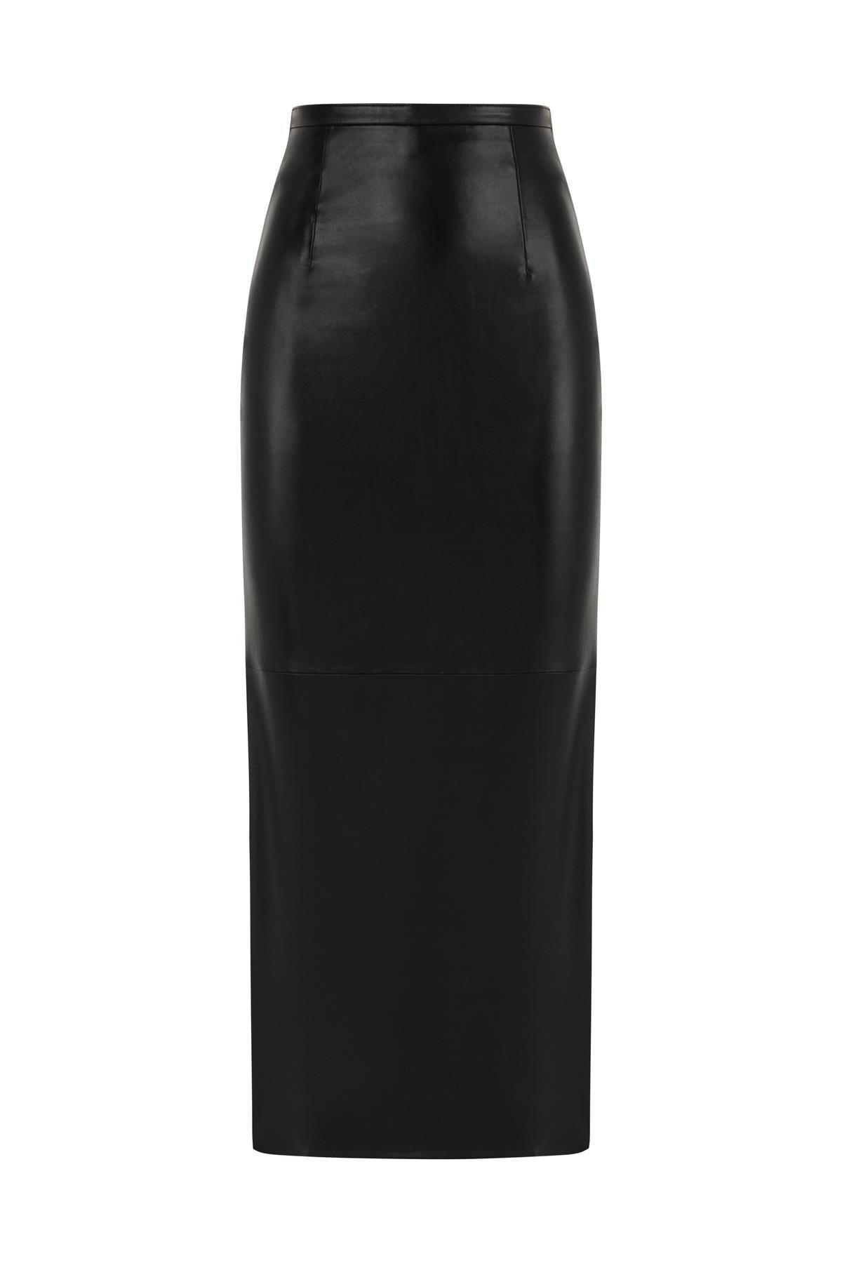 BLACK LEATHER LONG PENCIL SKIRT