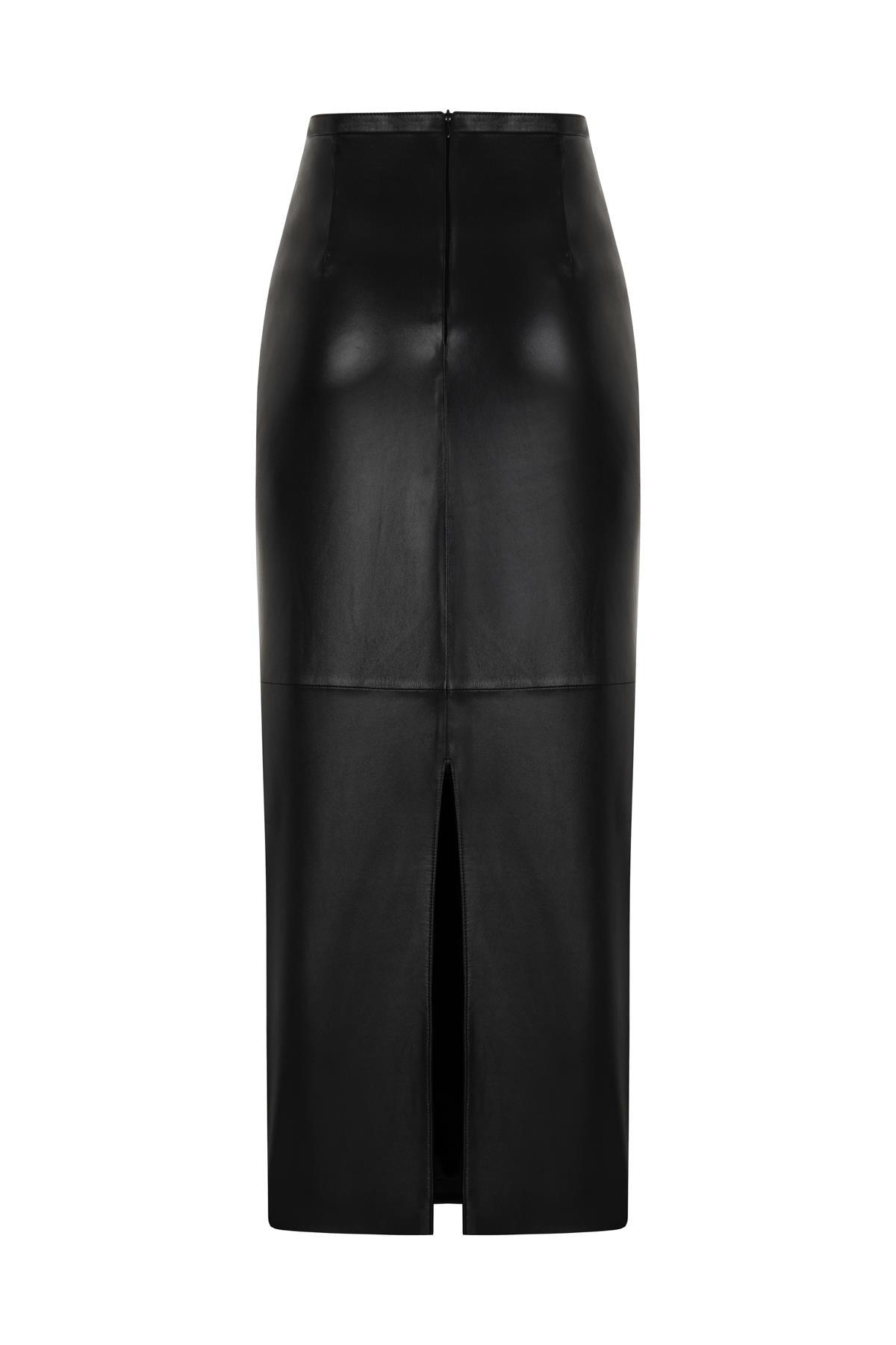 BLACK LEATHER LONG PENCIL SKIRT