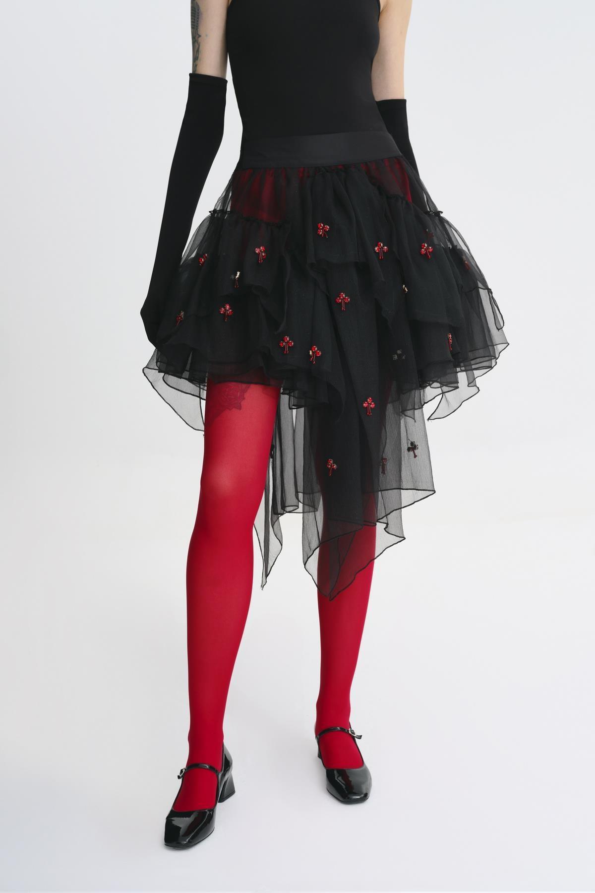 SİYAH KIRMIZI TAŞ İŞLEMELİ VOLANLI MİNİ TÜL ETEK - MiiN