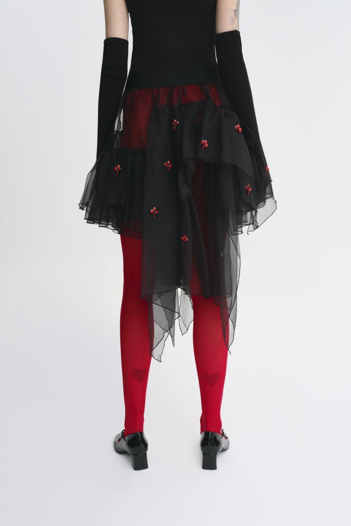 SİYAH KIRMIZI TAŞ İŞLEMELİ VOLANLI MİNİ TÜL ETEK - MiiN