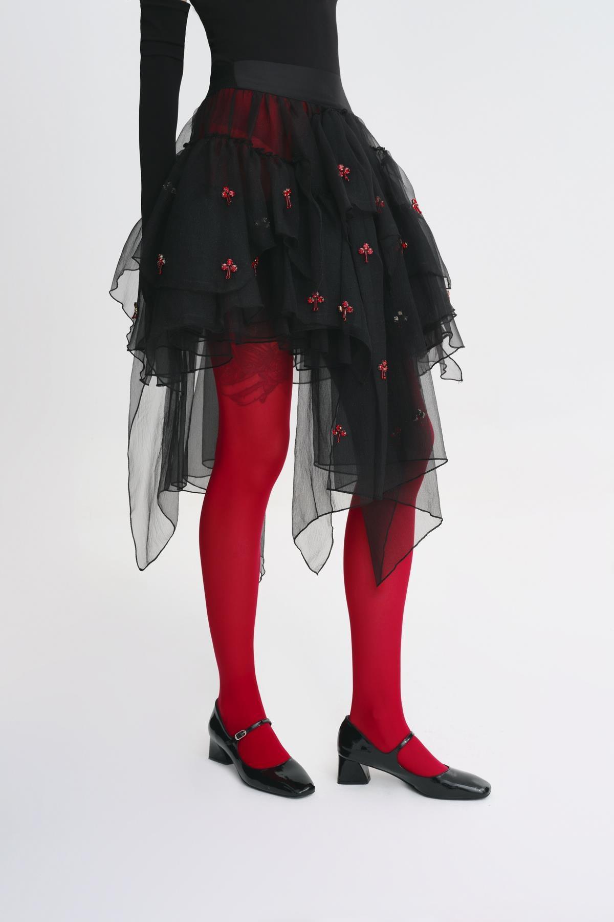 SİYAH KIRMIZI TAŞ İŞLEMELİ VOLANLI MİNİ TÜL ETEK - MiiN