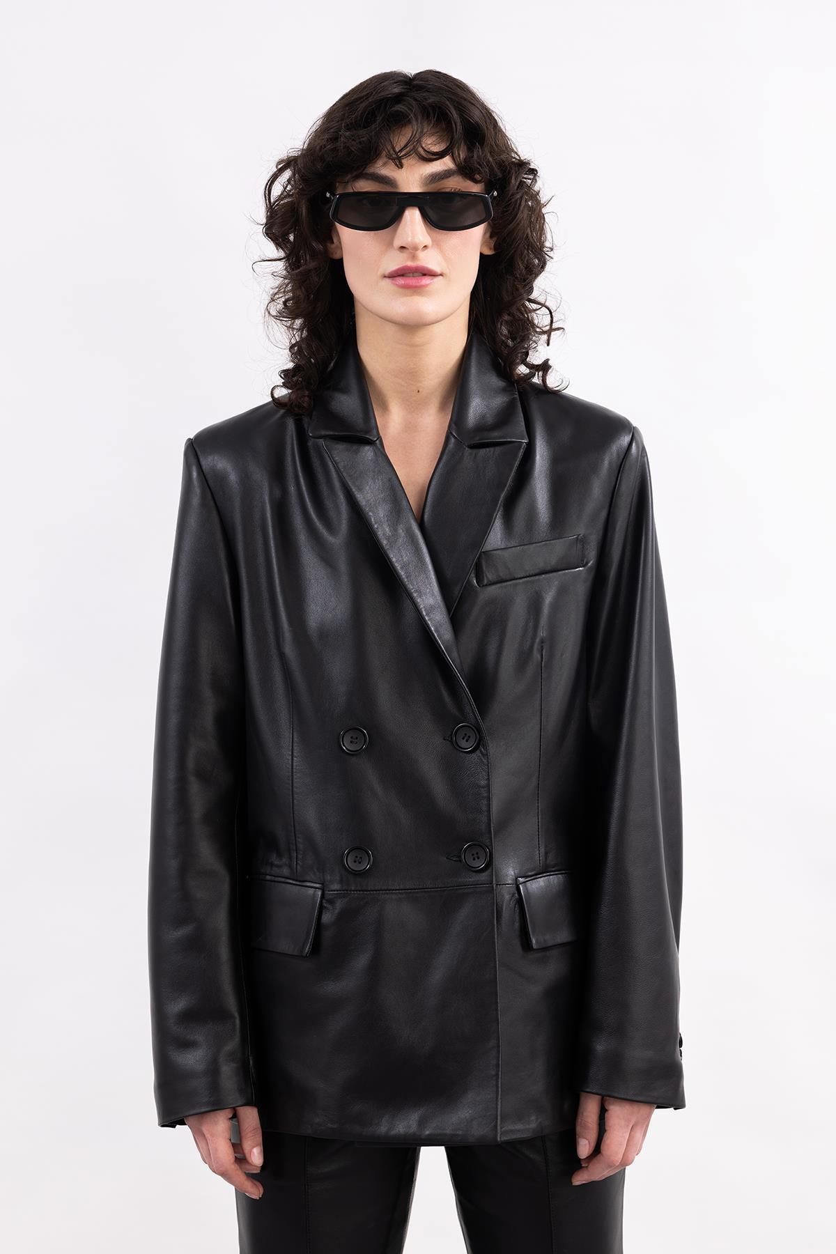 SİYAH KRUVAZE DERİ BLAZER CEKET - MiiN