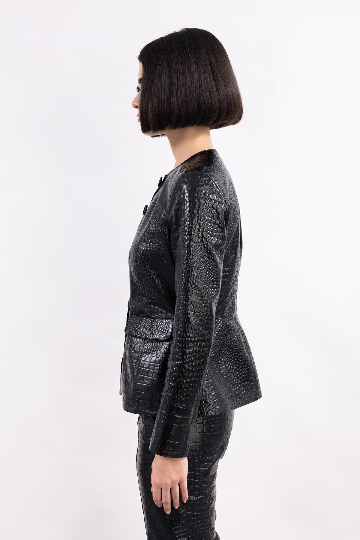 BLACK FRONT BUTTONED LEATHER JACKET