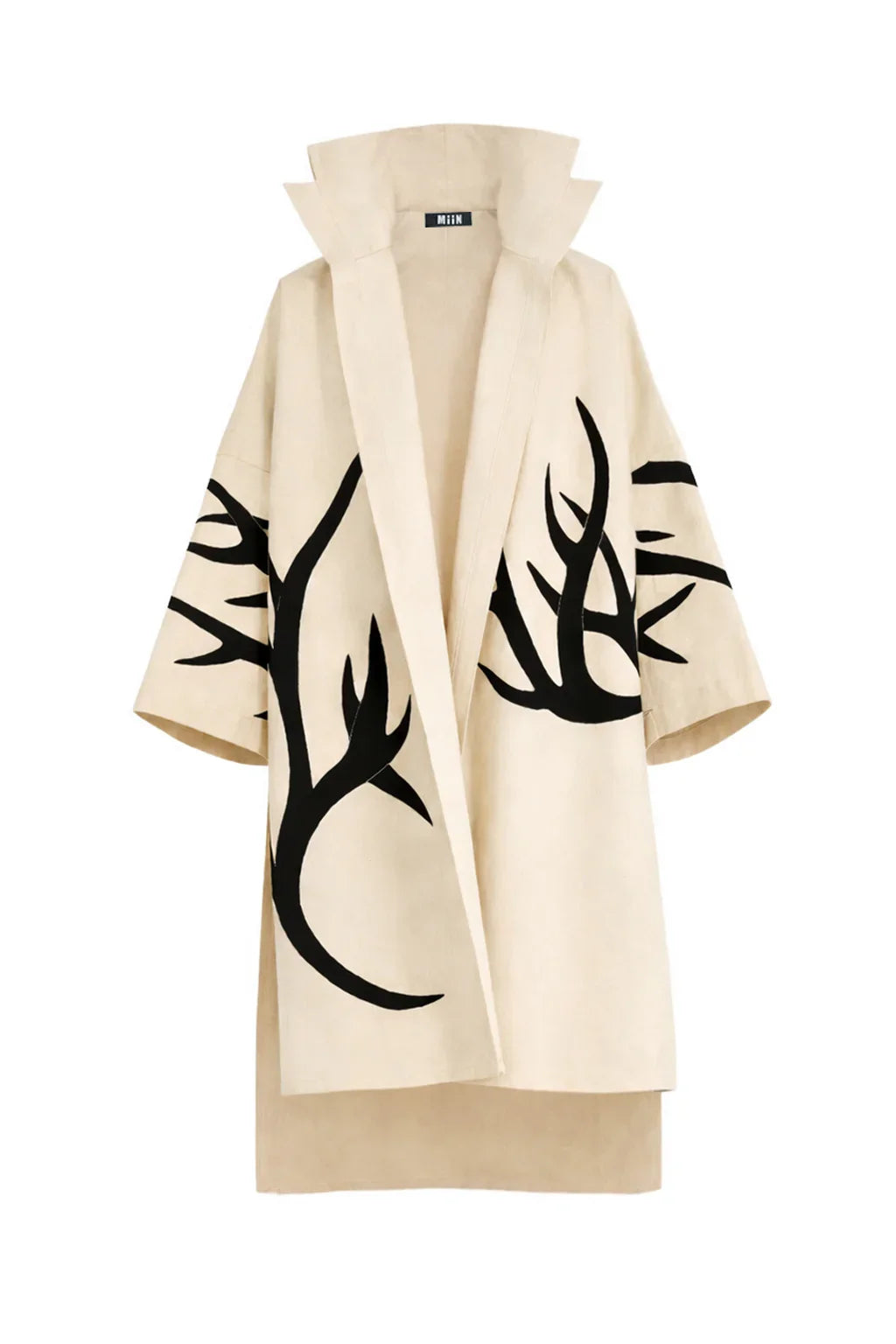 BEJ EL BOYAMASI GEYİK BOYNUZU DESENLİ MİDİ BOY UNISEX KAFTAN - MiiN