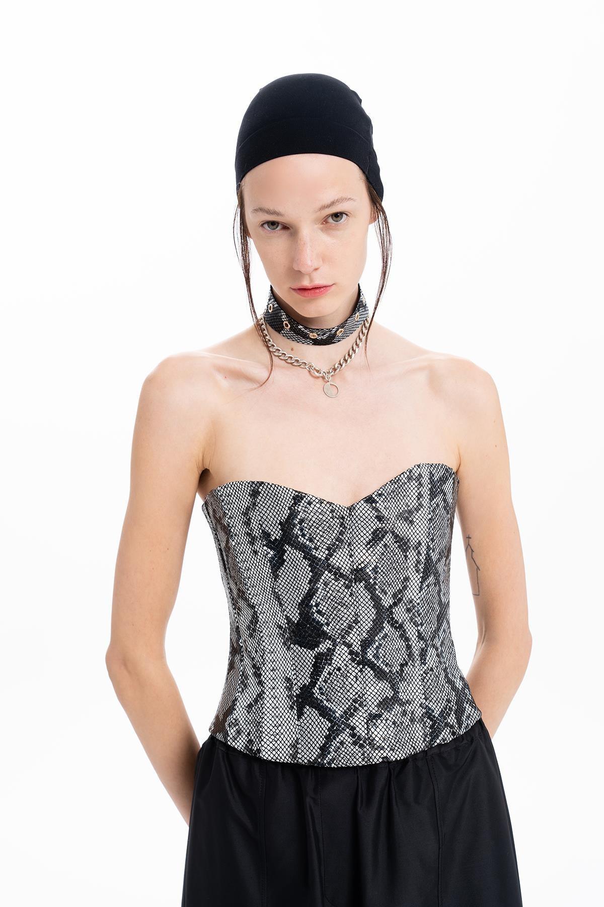 BLACK PYTHON PRINTED LEATHER BUSTIER