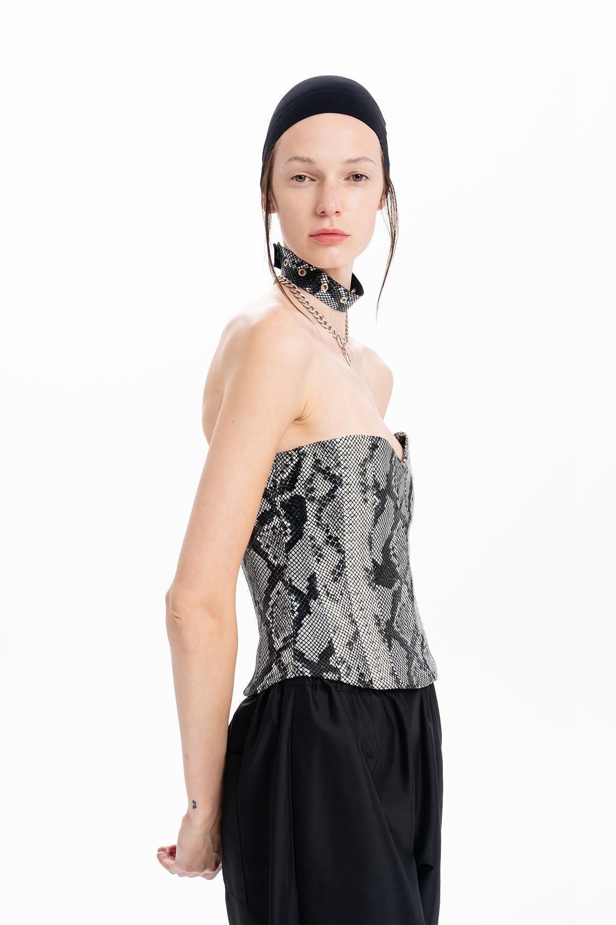 BLACK PYTHON PRINTED LEATHER BUSTIER