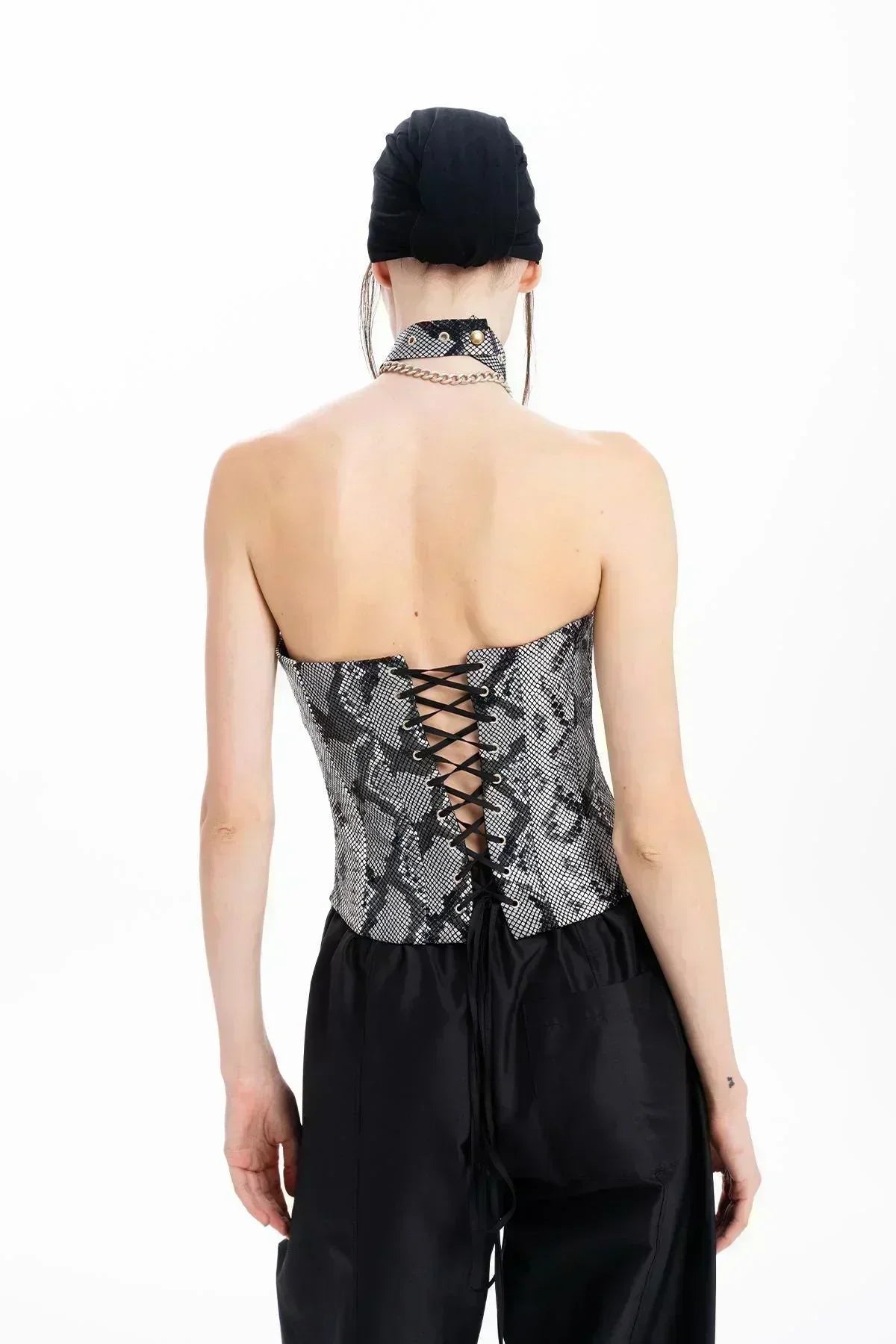 SİYAH PİTON BASKILI DERİ BÜSTİYER - MiiN