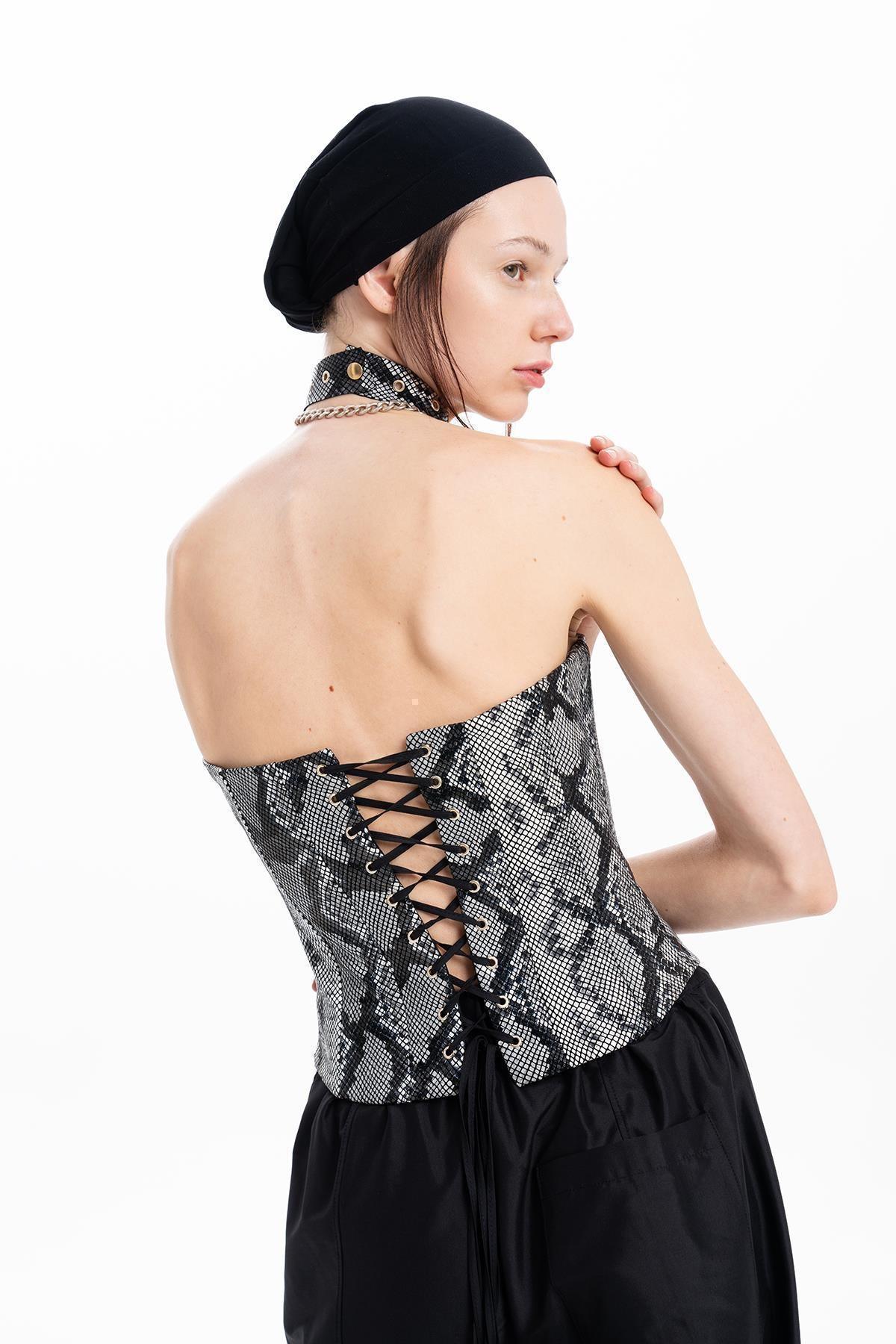 SİYAH PİTON BASKILI DERİ BÜSTİYER - MiiN