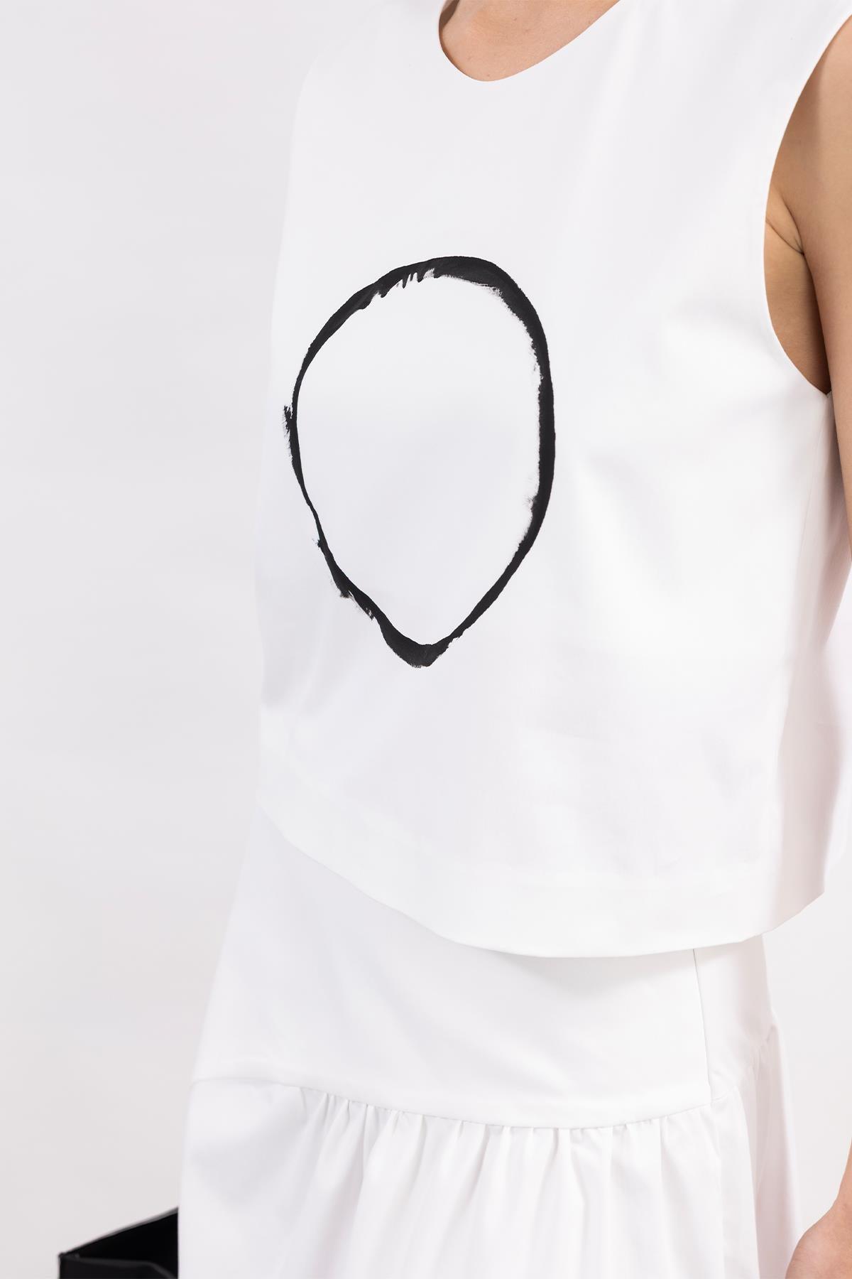 WHITE SLEEVELESS CIRCLE FRONT HAND PAINTED SATIN TOP