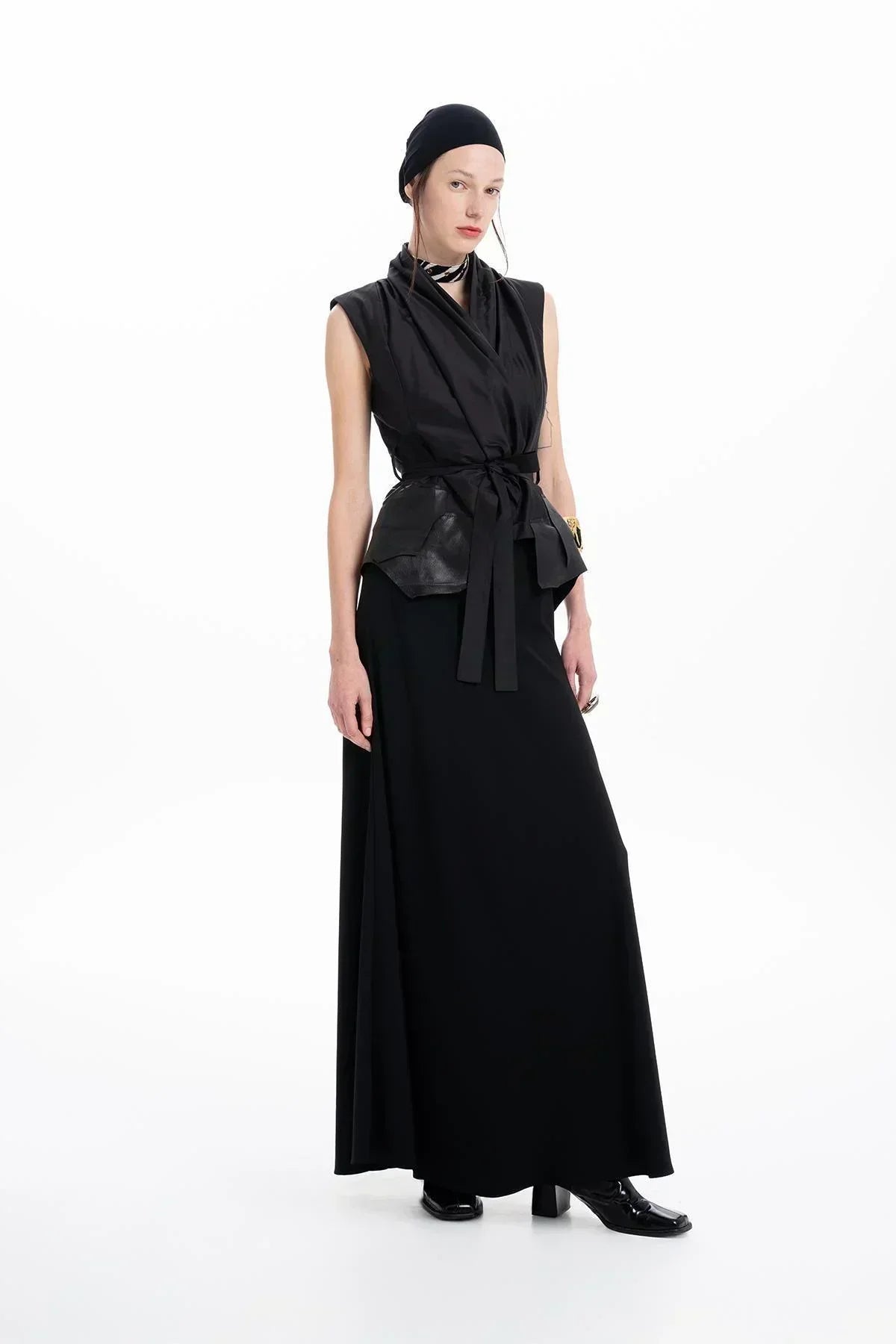 BLACK LEATHER DETAILED BELTED TAFFETA VEST