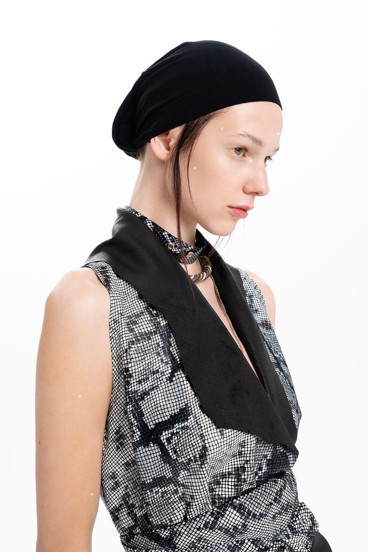 SİYAH PİTON BASKILI DERİ BAĞLAMALI YELEK - MiiN