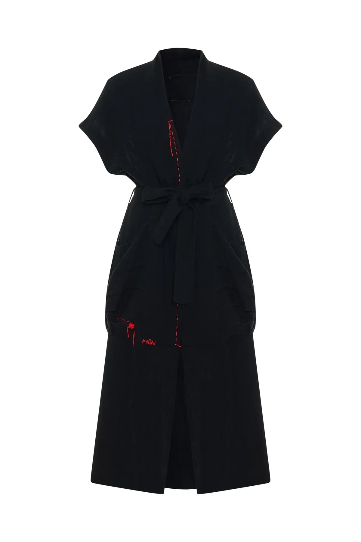 SİYAH KIRMIZI DİKİŞ DETAYLI MÜSLİN KAFTAN