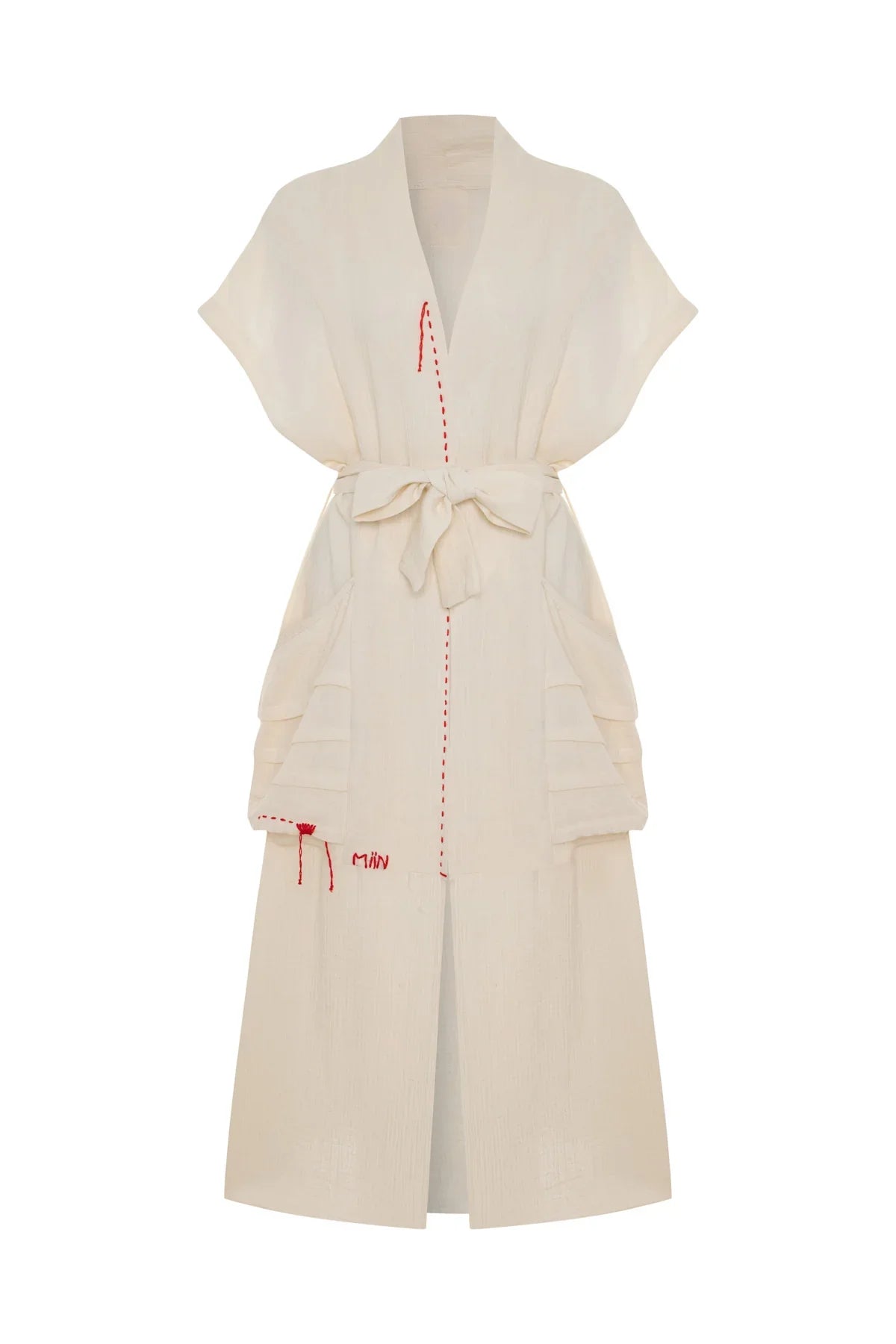 ECRU RED MUSLIN CAFTAN WITH STITCHING DETAIL