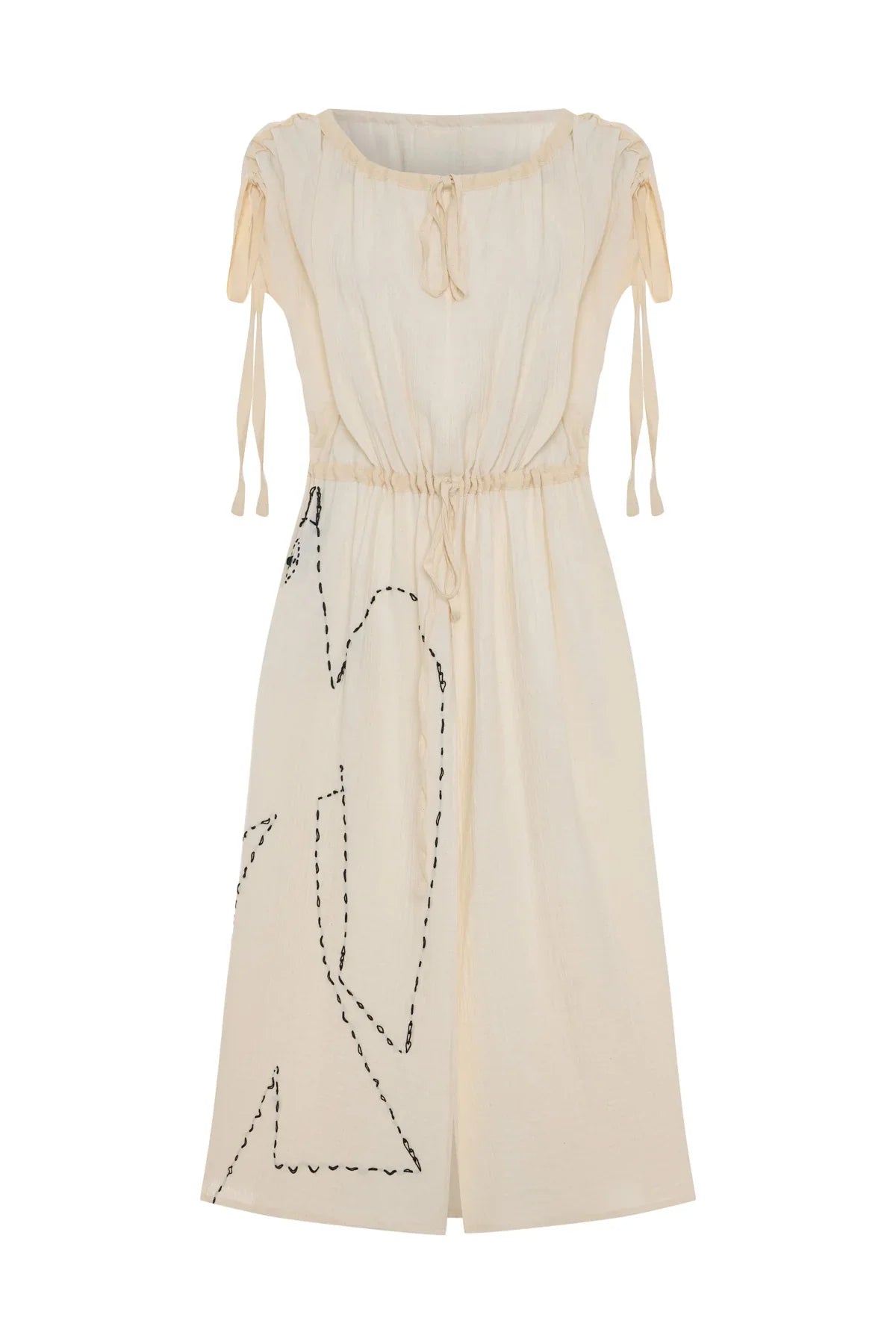 Ecru BLACK STITCHING DETAIL LACED MUSLIN CAFTAN