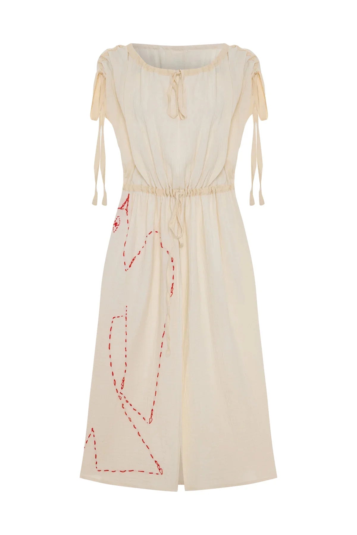 ECRU RED STITCHING DETAIL LACED MUSLIN CAFTAN