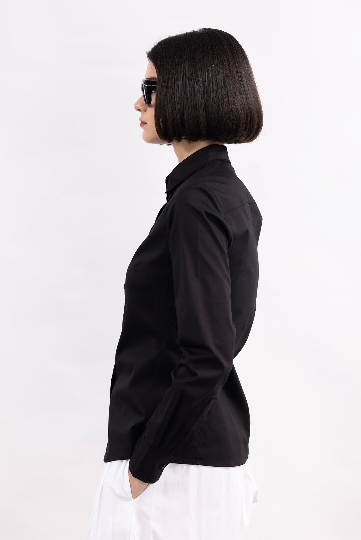 BLACK LONG SLEEVE CUFFS POPLIN SHIRT