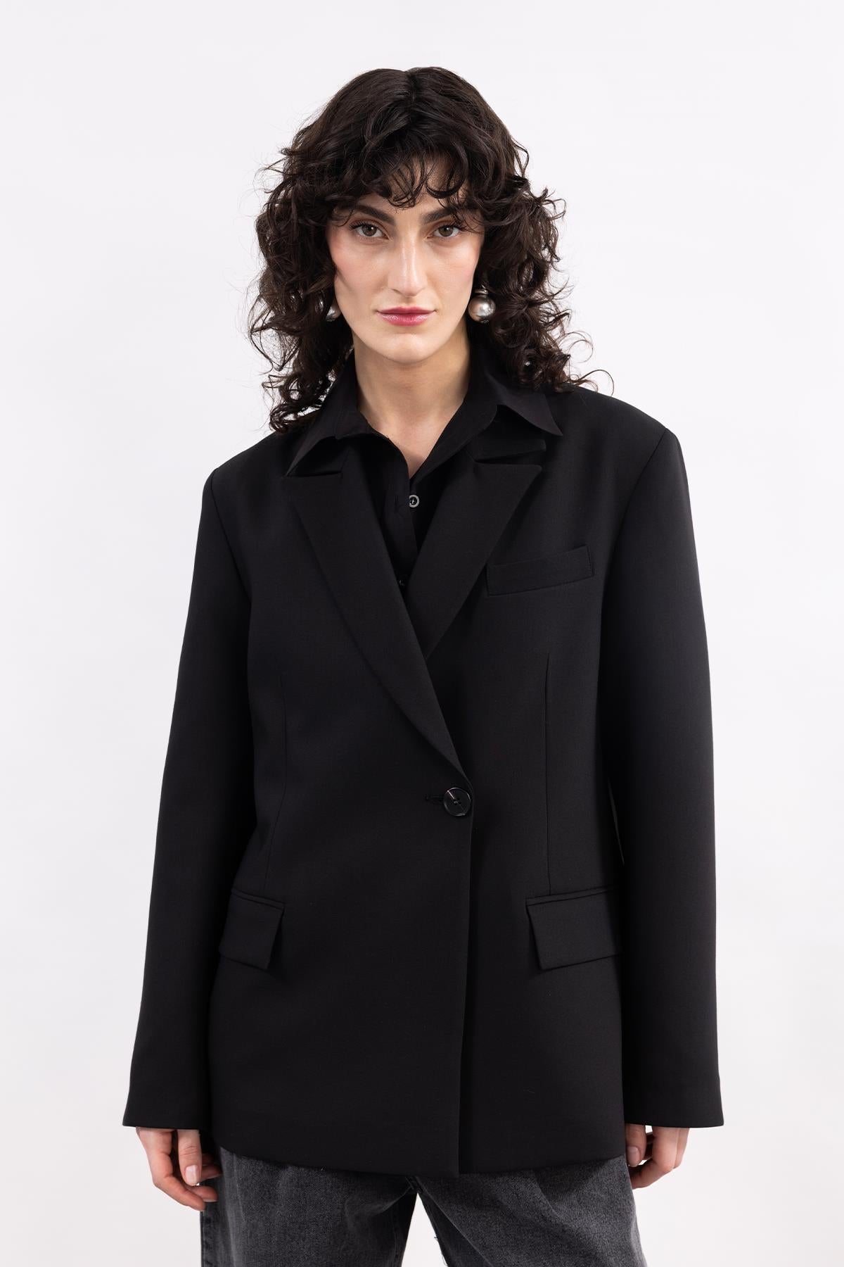 BLACK SINGLE BUTTON CLOSURE BLAZER JACKET