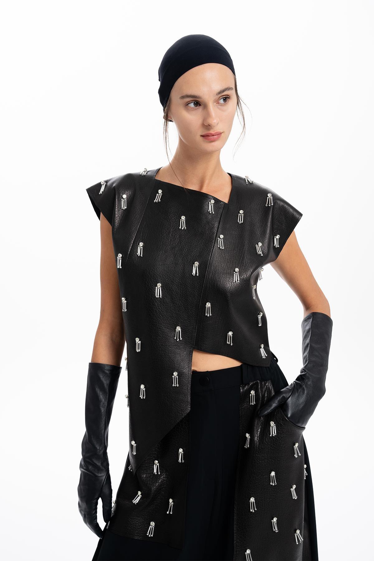 BLACK LEATHER HAND EMBROIDERED BEADS BLOUSE