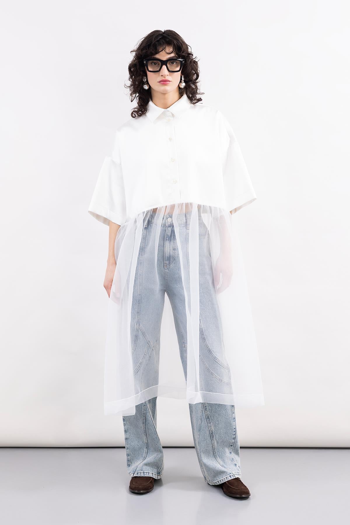 WHITE THREE QUARTER SLEEVE ORGANZA DETAILED SATIN SHIRT