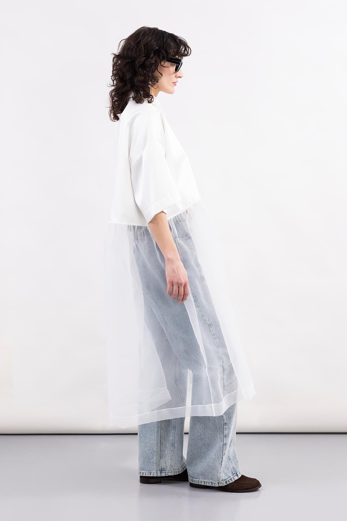 WHITE THREE QUARTER SLEEVE ORGANZA DETAILED SATIN SHIRT