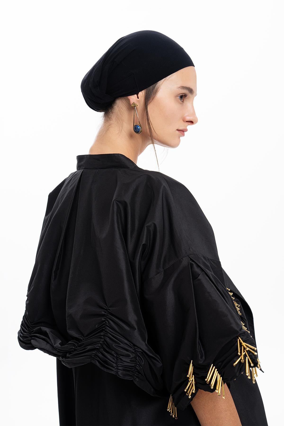 BLACK HAND EMBROIDERED GOLD BEADS DRESSED CROP JACKET