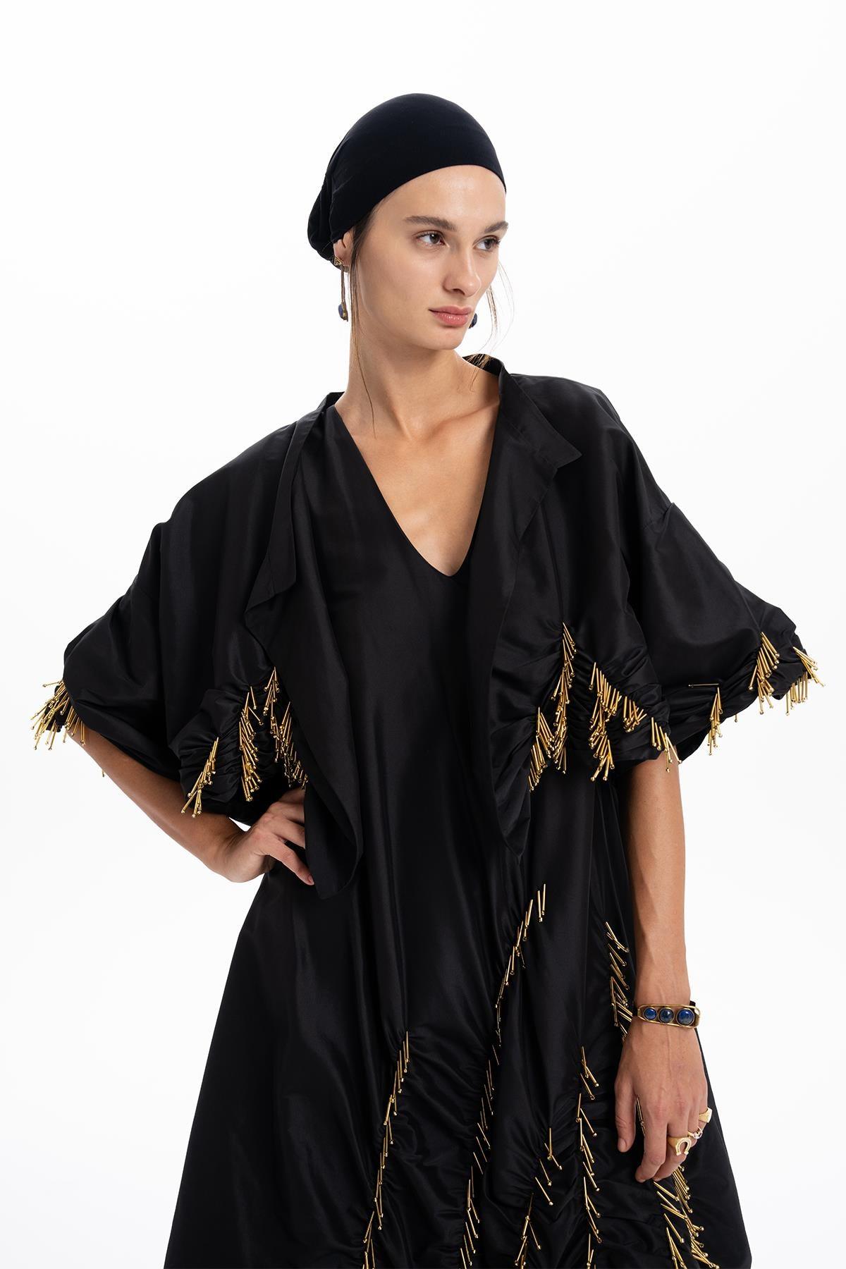 BLACK HAND EMBROIDERED GOLD BEADS DRESSED CROP JACKET