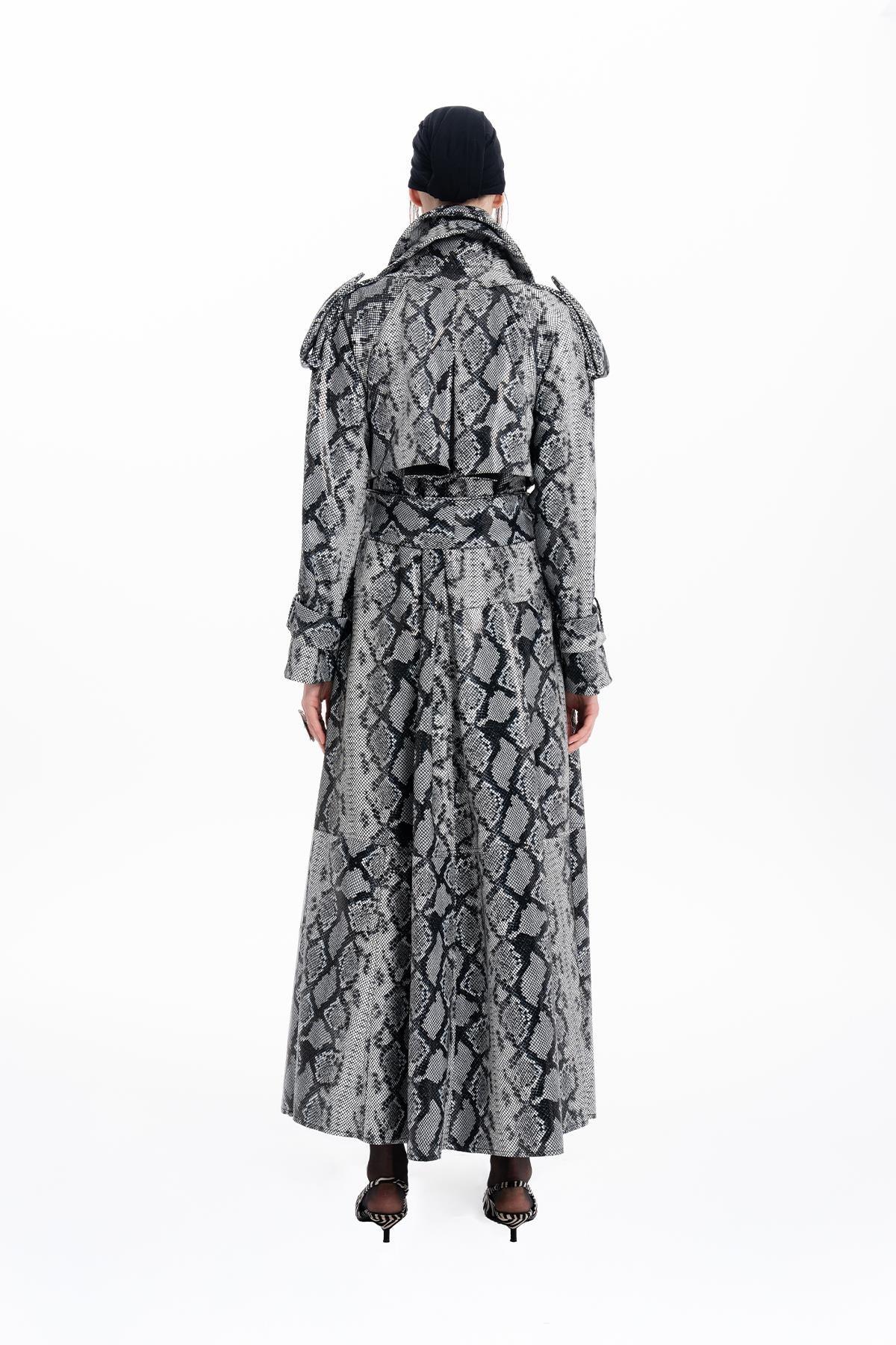 BLACK AND WHITE PYTHON PRINTED LEATHER LONG TRENCH COAT