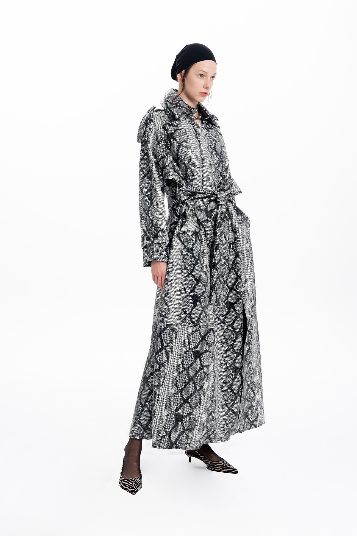 BLACK AND WHITE PYTHON PRINTED LEATHER LONG TRENCH COAT