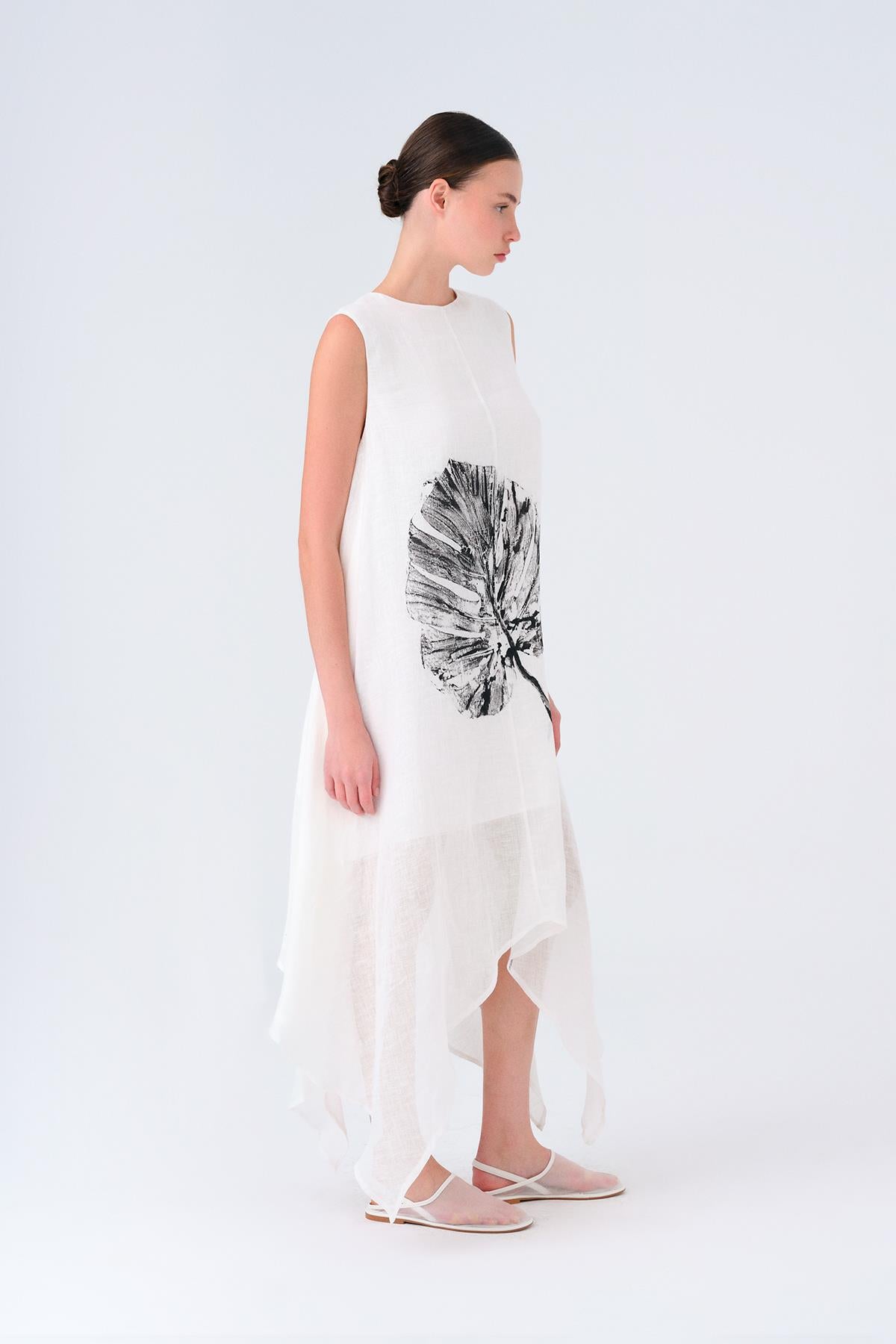 WHITE LEAF PRINTED ASYMMETRIC CUT LINEN MIDI DRESS