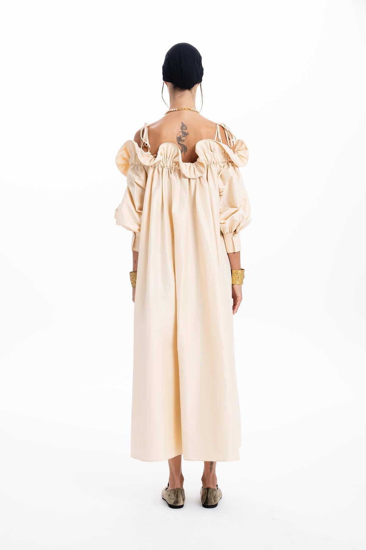 BEIGE TAFFETA RUFFLED BOAT NECK OVERSIZE LONG DRESS