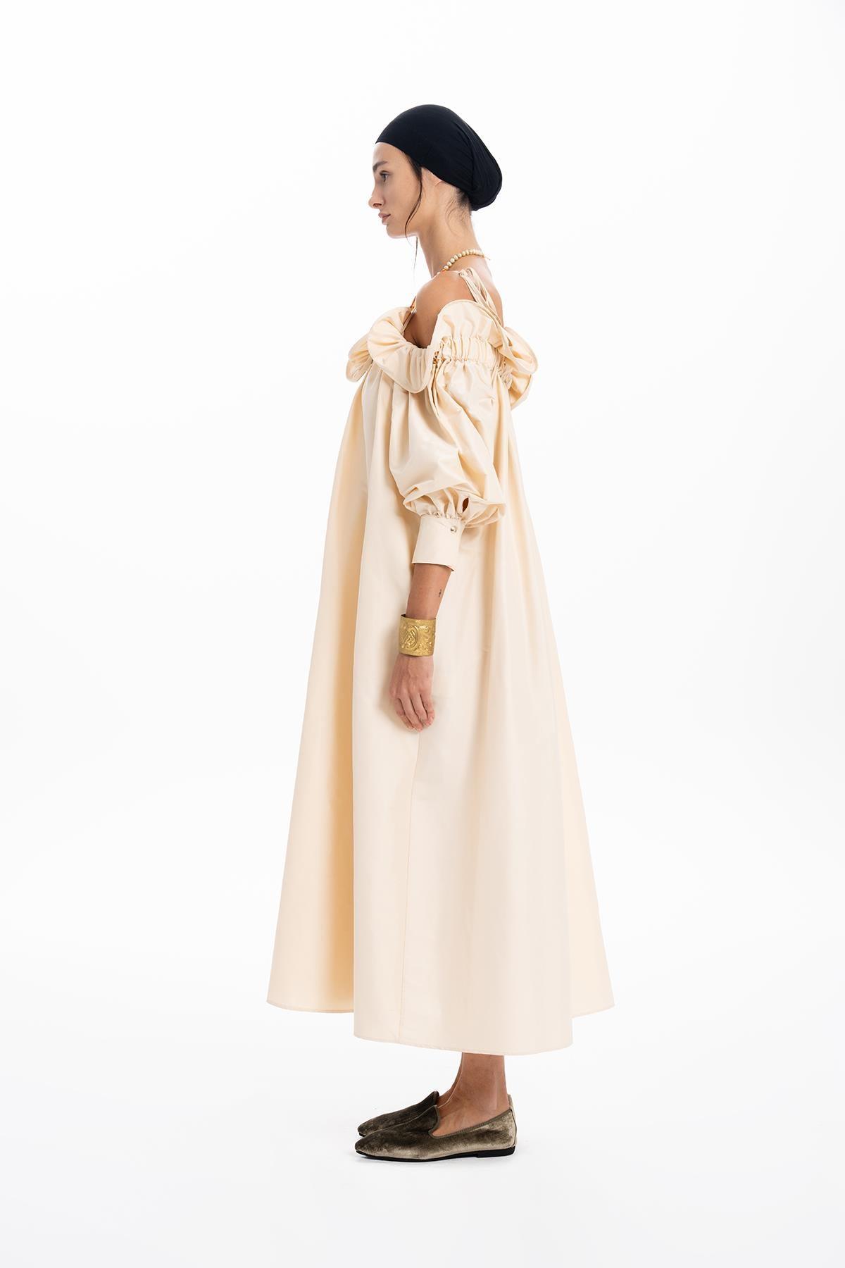 BEIGE TAFFETA RUFFLED BOAT NECK OVERSIZE LONG DRESS