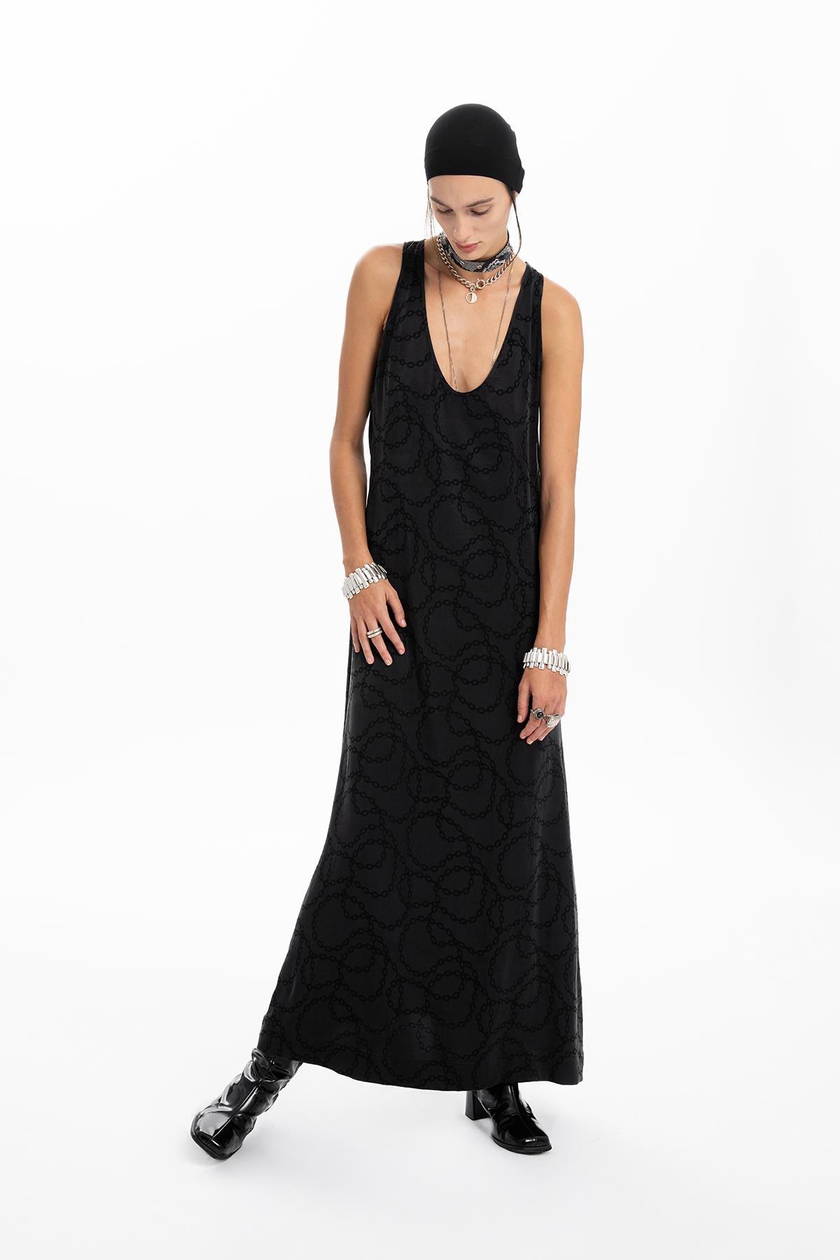 BLACK CHAIN PATTERNED THICK STRAPPED LONG DRESS