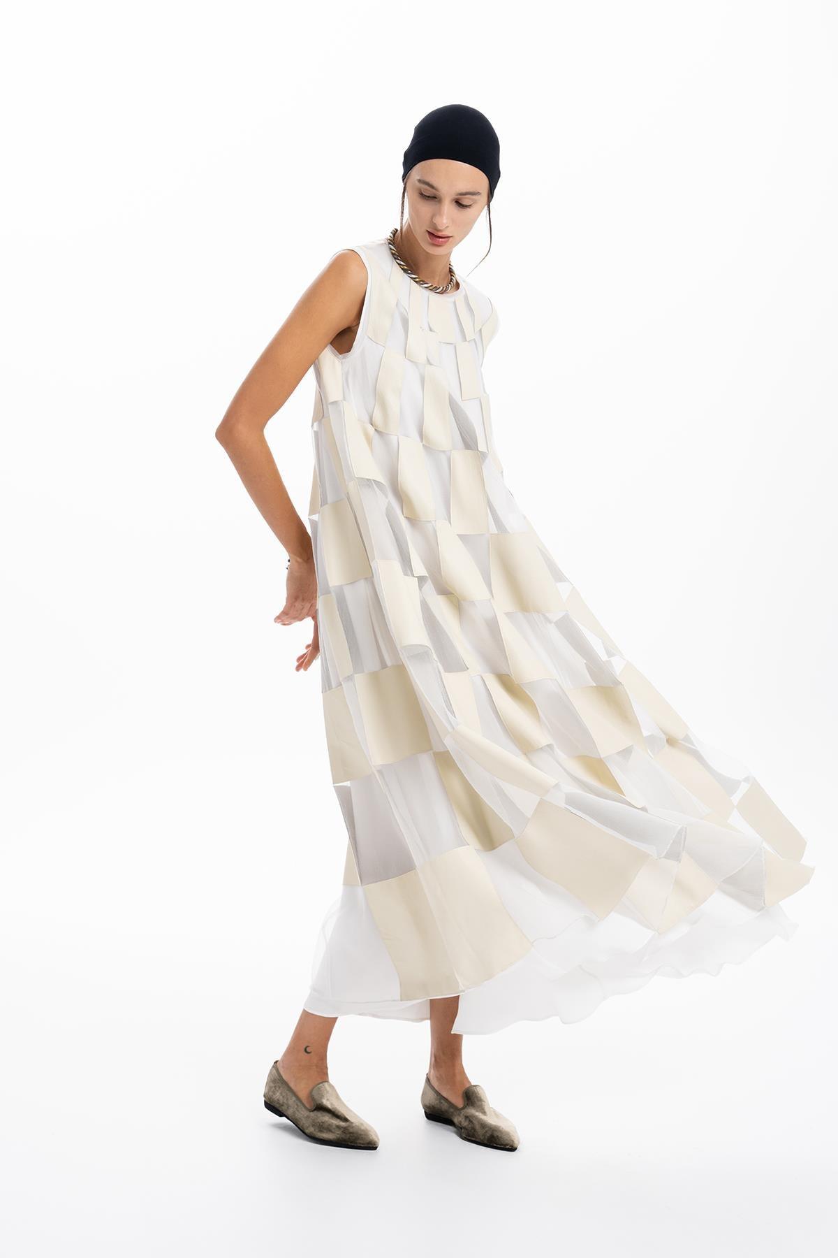 ECRU LEATHER ORGANZA PATCHWORK DESIGN LONG DRESS