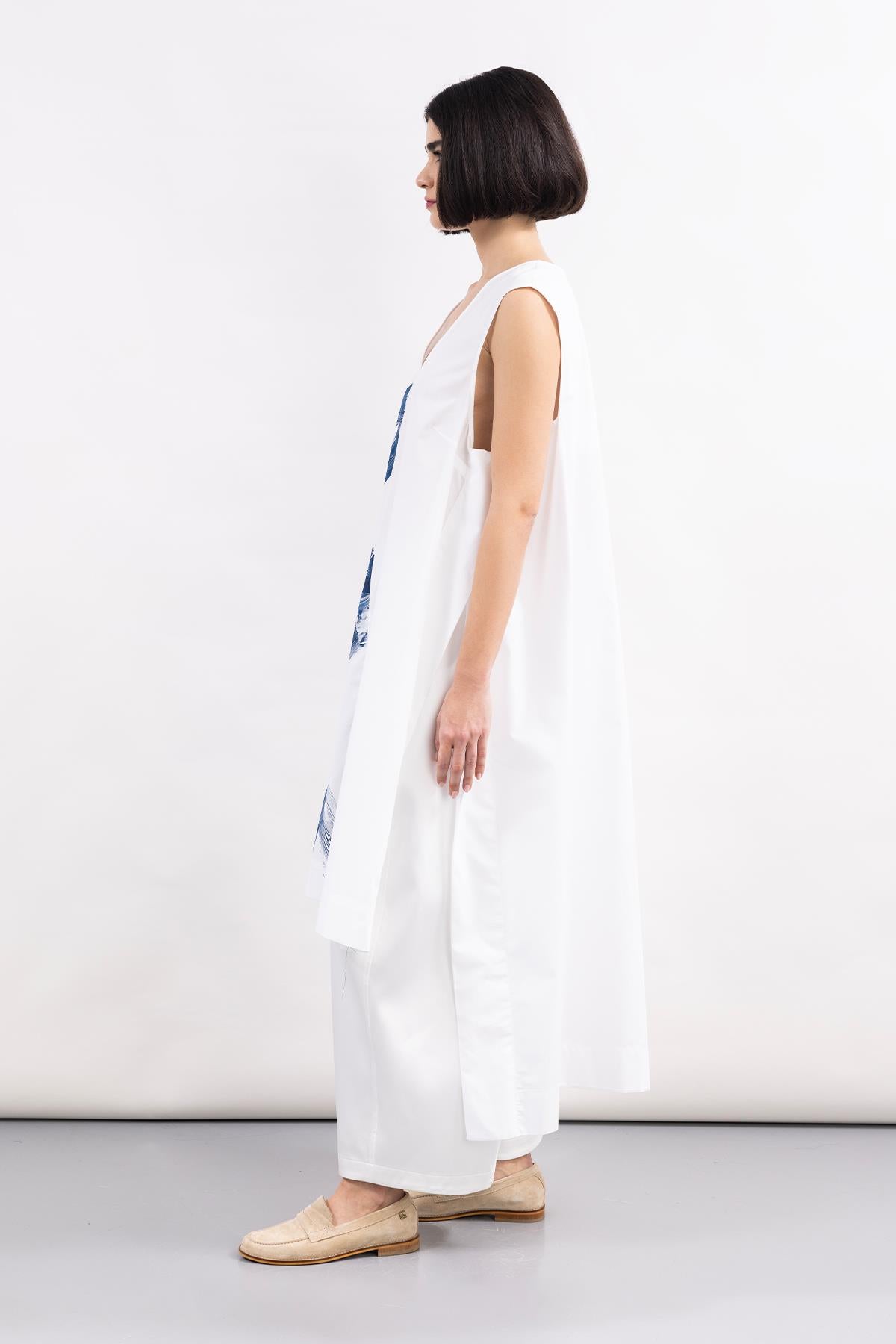 WHITE HAND PAINTED SHORT FRONT LONG BACK POPLIN DRESS