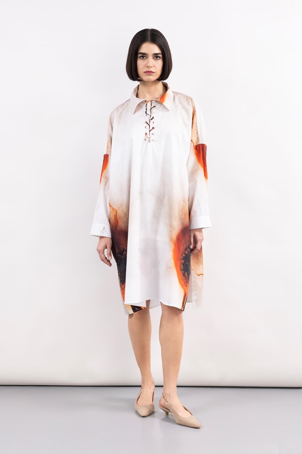 WHITE LONG SLEEVE ABSTRACT PATTERNED DIGITAL PRINTED DETAILED DRESS