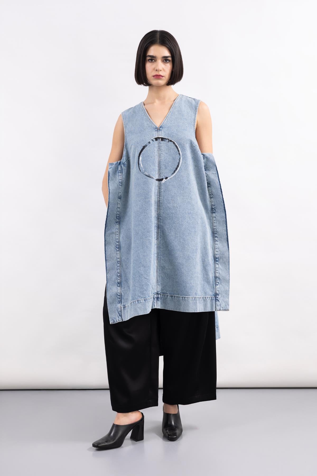 SNOW WASH FRONT CIRCLE PATTERN HAND PAINTED DENIM DRESS