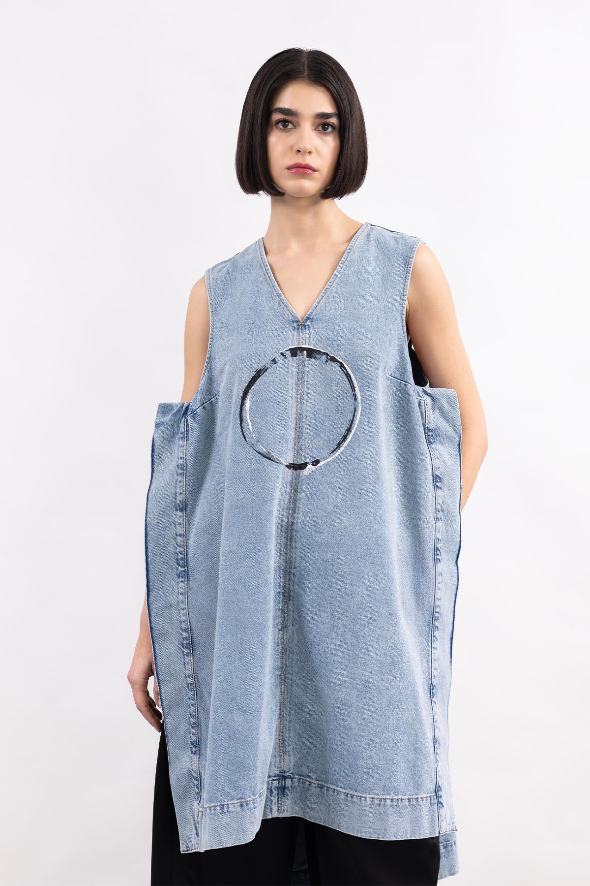 SNOW WASH FRONT CIRCLE PATTERN HAND PAINTED DENIM DRESS