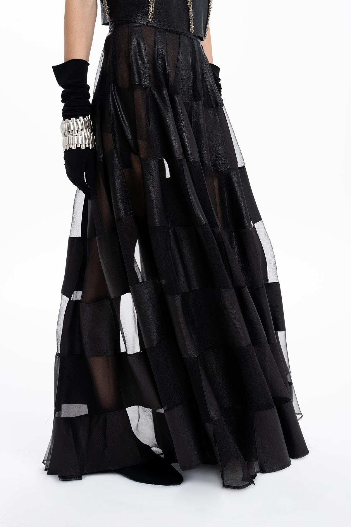 BLACK LEATHER ORGANZA PATCHWORK DESIGN LONG SKIRT