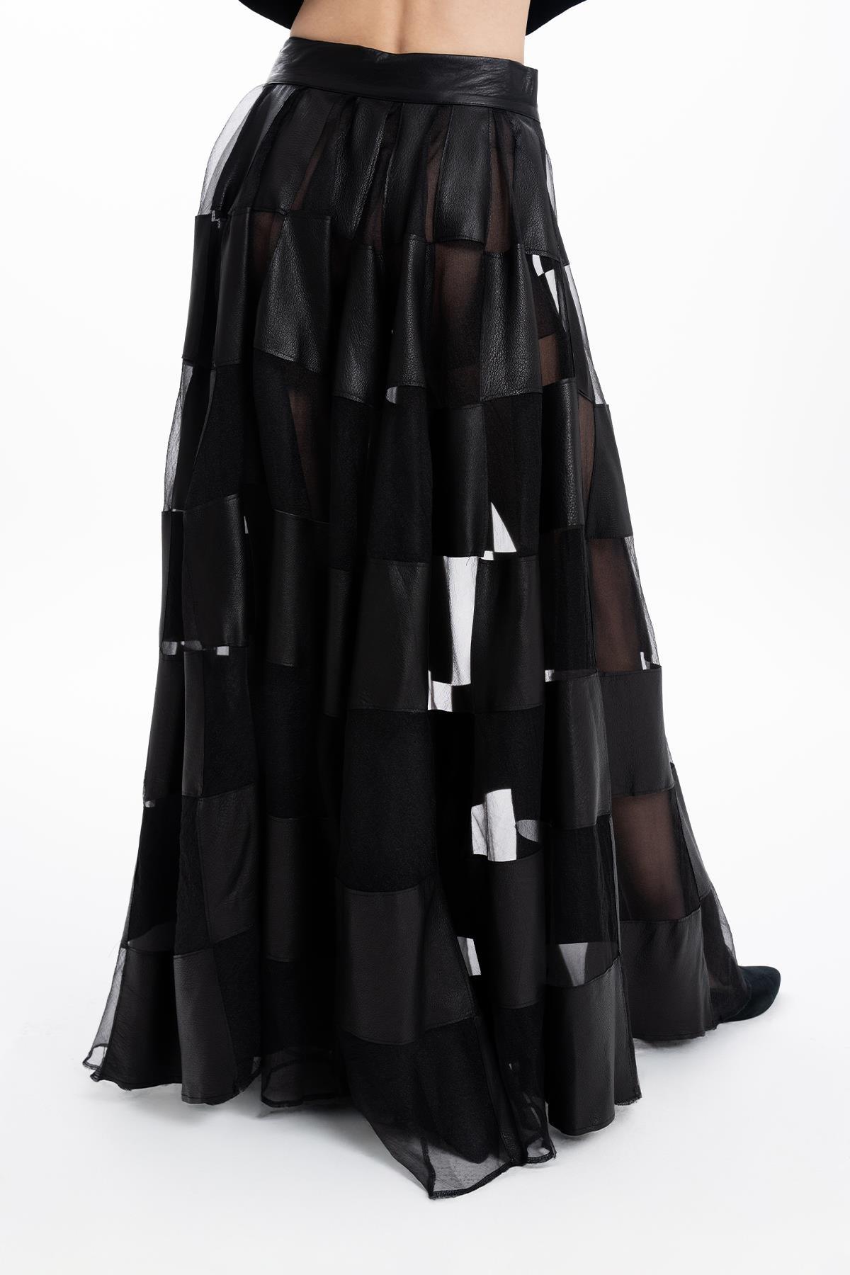 BLACK LEATHER ORGANZA PATCHWORK DESIGN LONG SKIRT